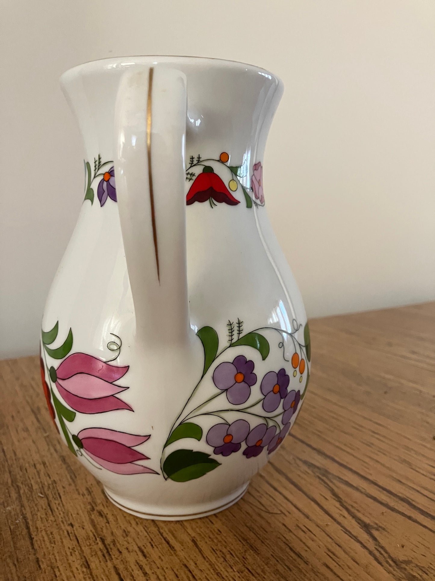 Hungarian Kalocsa Porcelain Water/Wine Pitcher – Hand-Painted Floral Design with 22K Gold Rim, 7" x 5"