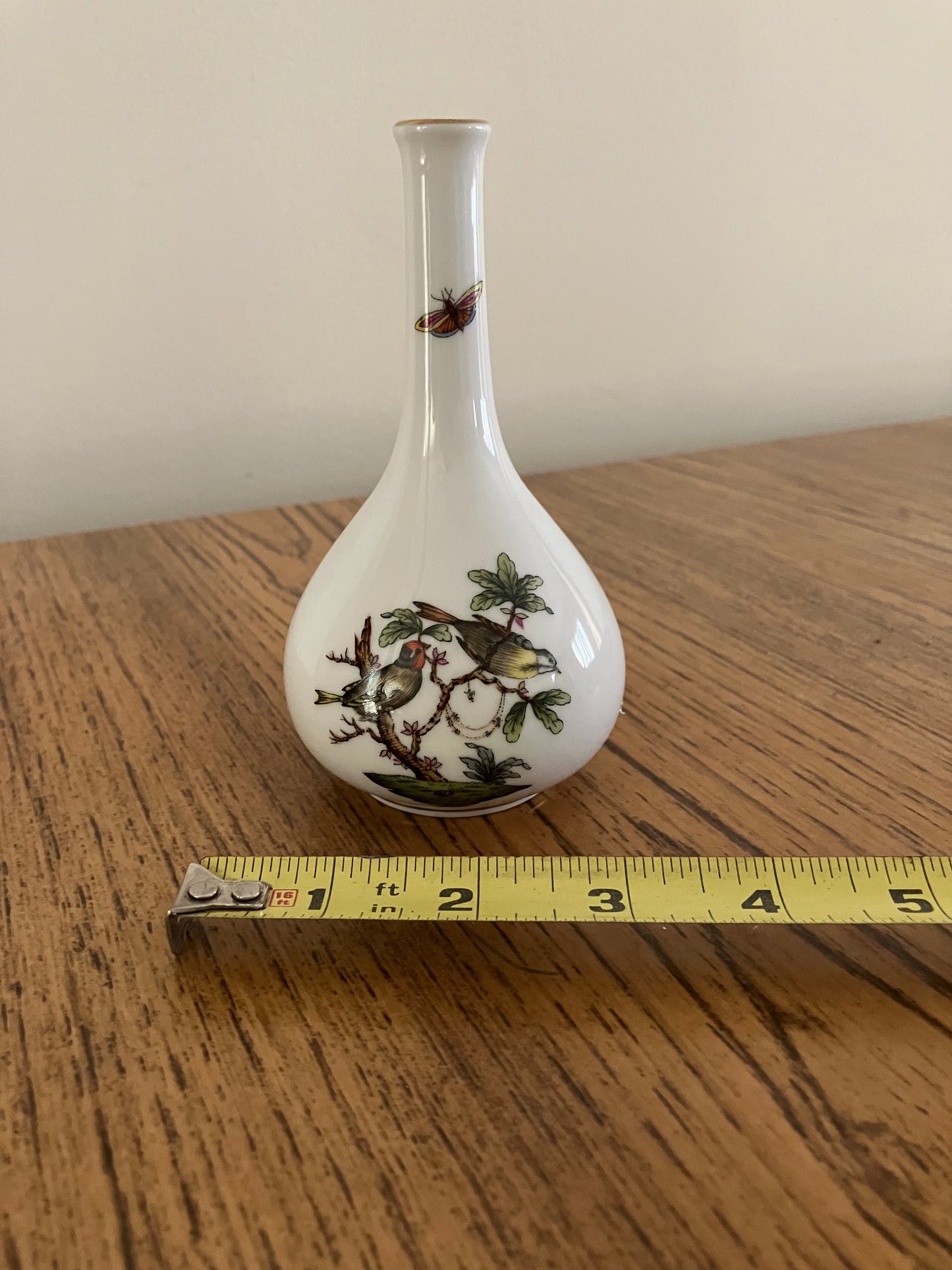 Herend Porcelain Bud Vase – Hand-Painted Butterfly & Bird, 24K Gold Accents, 5.25"