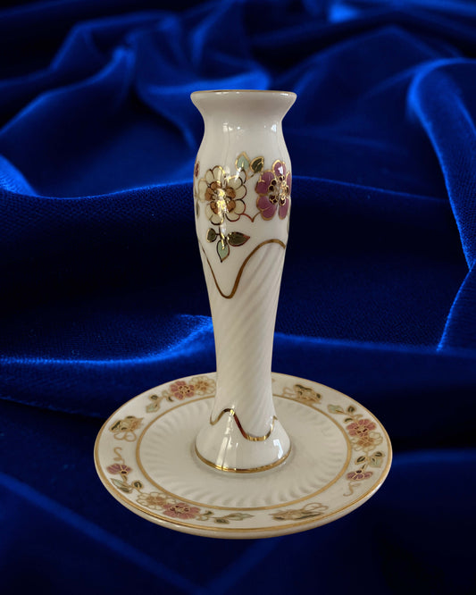 Vintage Zsolnay Floral Porcelain Candle Holder – Hand-Painted, Gold Trim, 1958 Hungary