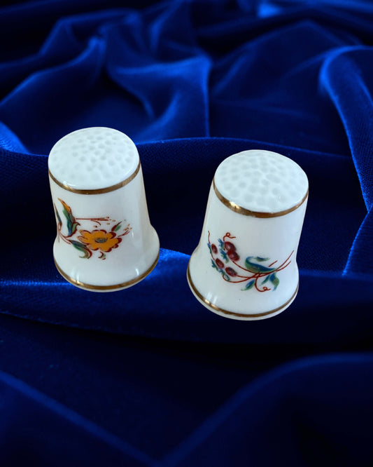Vintage Hollohaza Porcelain Thimble Pair – Hand Painted Floral Theme – Hungary