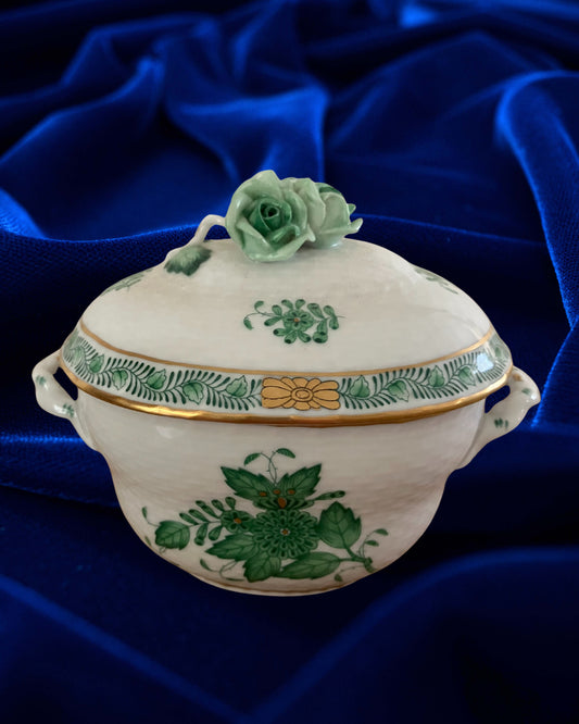 Herend Hungary Porcelain Sugar Basin – Green Apponyi Chinese Bouquet with Triple Rose Knob, 24K Gold Accents – Model 6012/AV