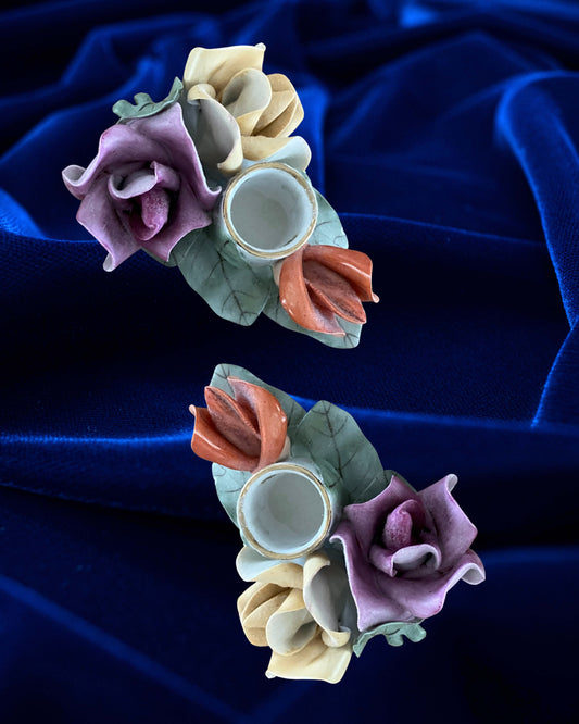 Vintage Aquincum Porcelain Rose Pair of Candlestick Holders – Hand-Painted, 5"