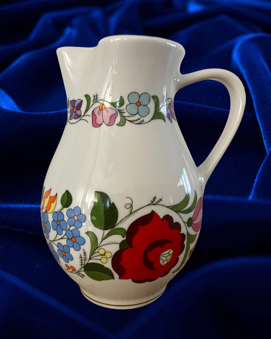 Hungarian Kalocsa Porcelain Water/Wine Pitcher – Hand-Painted Floral Design with 22K Gold Rim, 7" x 5"