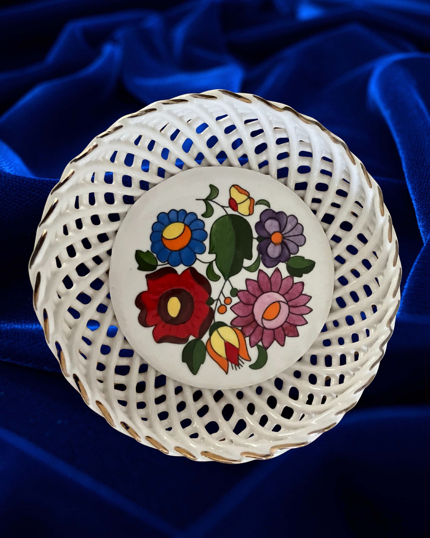 Kalocsa Hungary Hand Painted Porcelain Basket Weave Bowl – Floral Pattern, Gold Accents