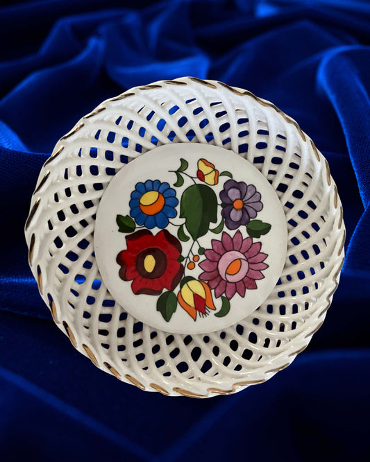 Kalocsa Hungary Hand Painted Porcelain Basket Weave Bowl – Floral Pattern, Gold Accents