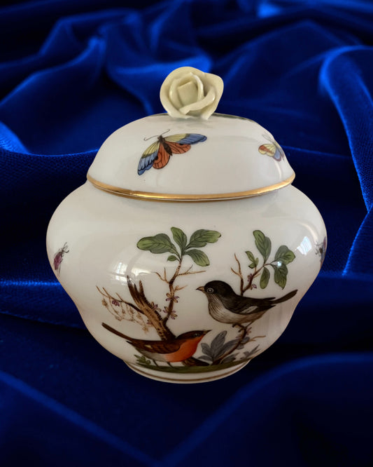 Herend Hungary Porcelain Lidded Bonbonniere – Rothschild Bird Pattern with Yellow Rose Finial & 24K Gold Trim – 4.5" x 6.25"