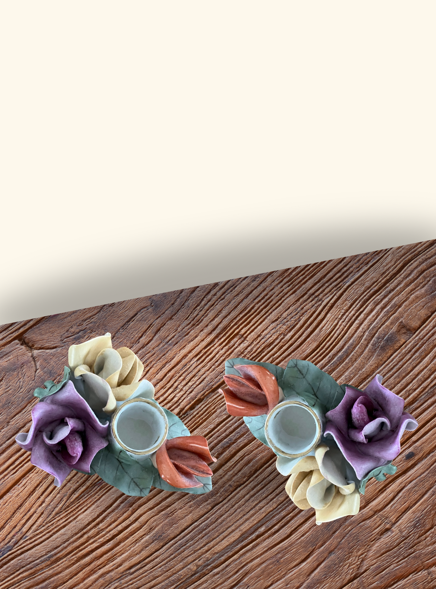Vintage Aquincum Porcelain Rose Pair of Candlestick Holders – Hand-Painted, 5"