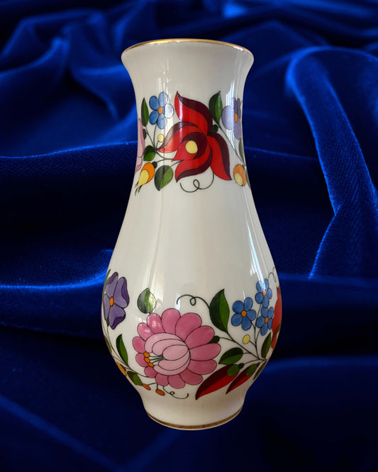 Rare Vintage Hungarian Kalocsa Porcelain Vase – Hand-Painted Traditional Floral Motifs with Gilt Rims, 7.5"  Description: