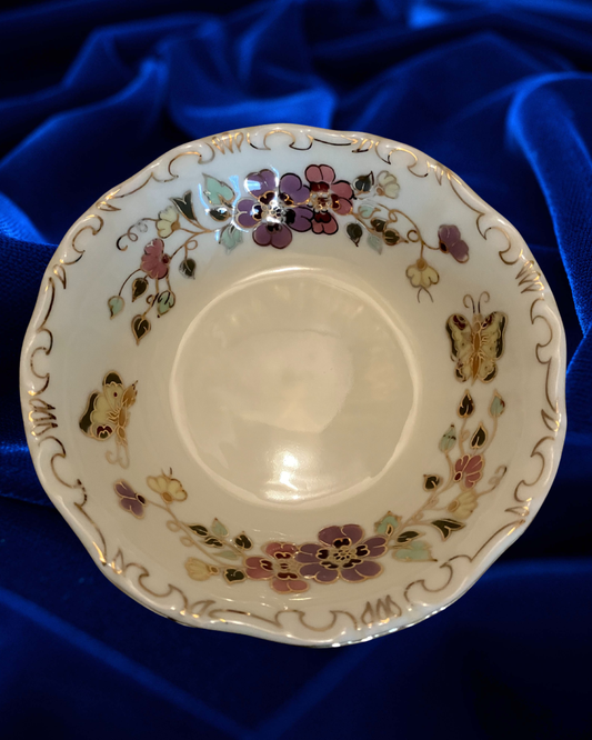 Zsolnay Hungary Vintage Porcelain Bowl – Hand Painted Floral & Butterfly Design with 24K Gold Trim