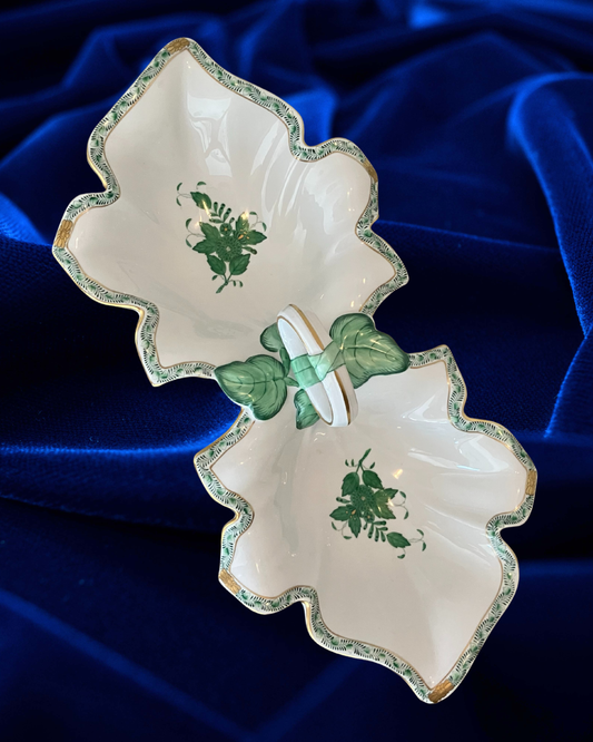 Herend Hungary Apponyi Green Leaf Serving Dish – Dual Compartment Porcelain with 24K Gold