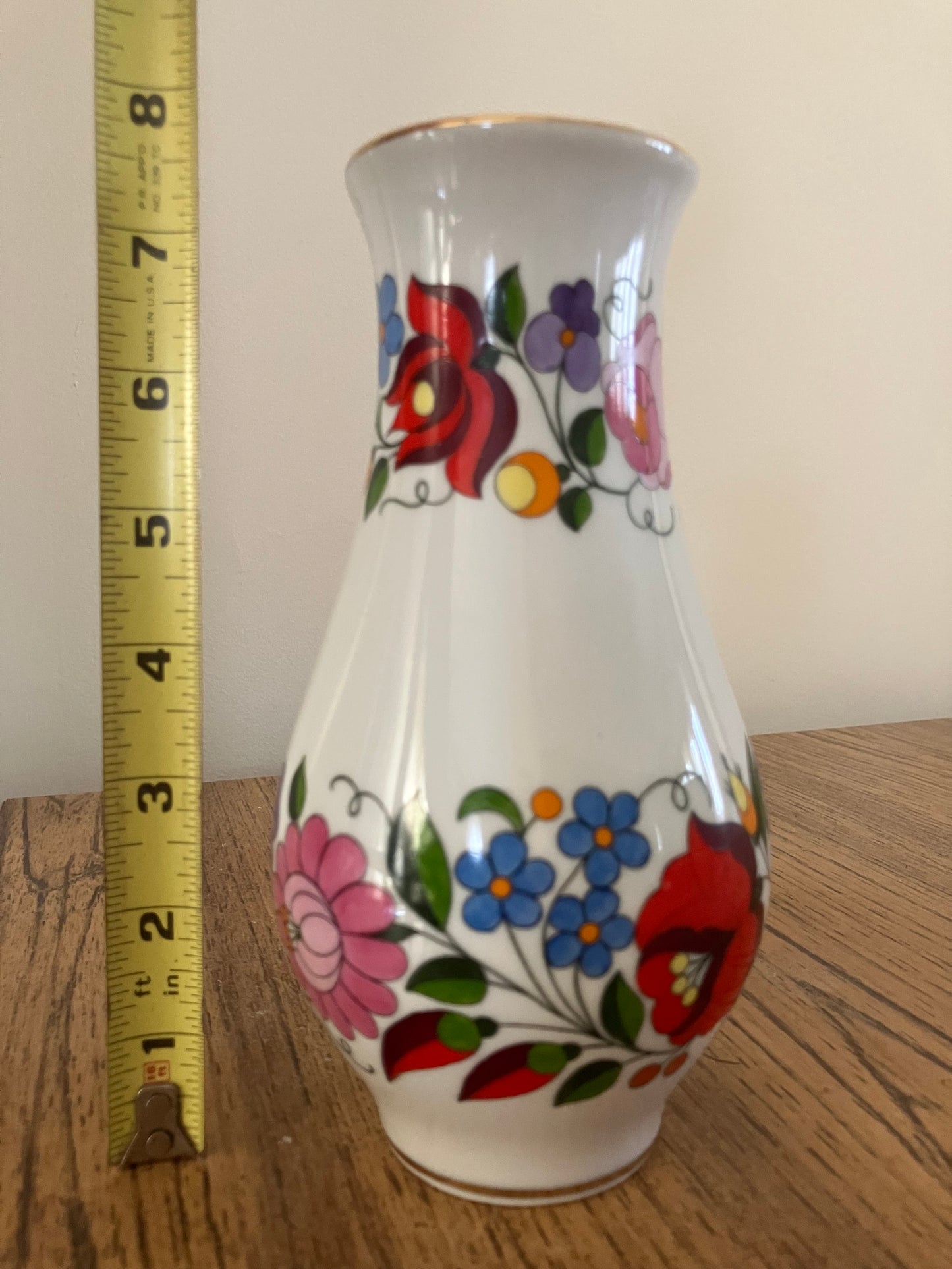 Rare Vintage Hungarian Kalocsa Porcelain Vase – Hand-Painted Traditional Floral Motifs with Gilt Rims, 7.5"  Description: