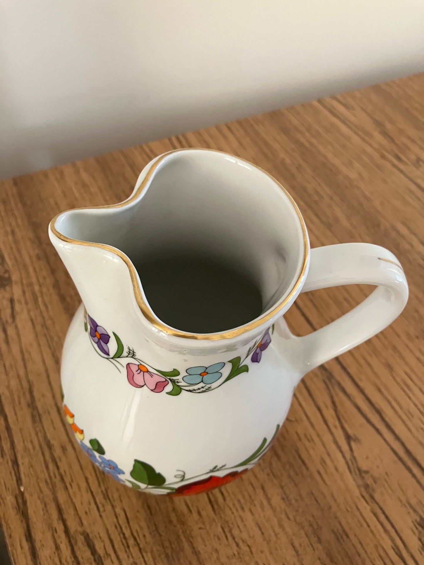 Hungarian Kalocsa Porcelain Water/Wine Pitcher – Hand-Painted Floral Design with 22K Gold Rim, 7" x 5"