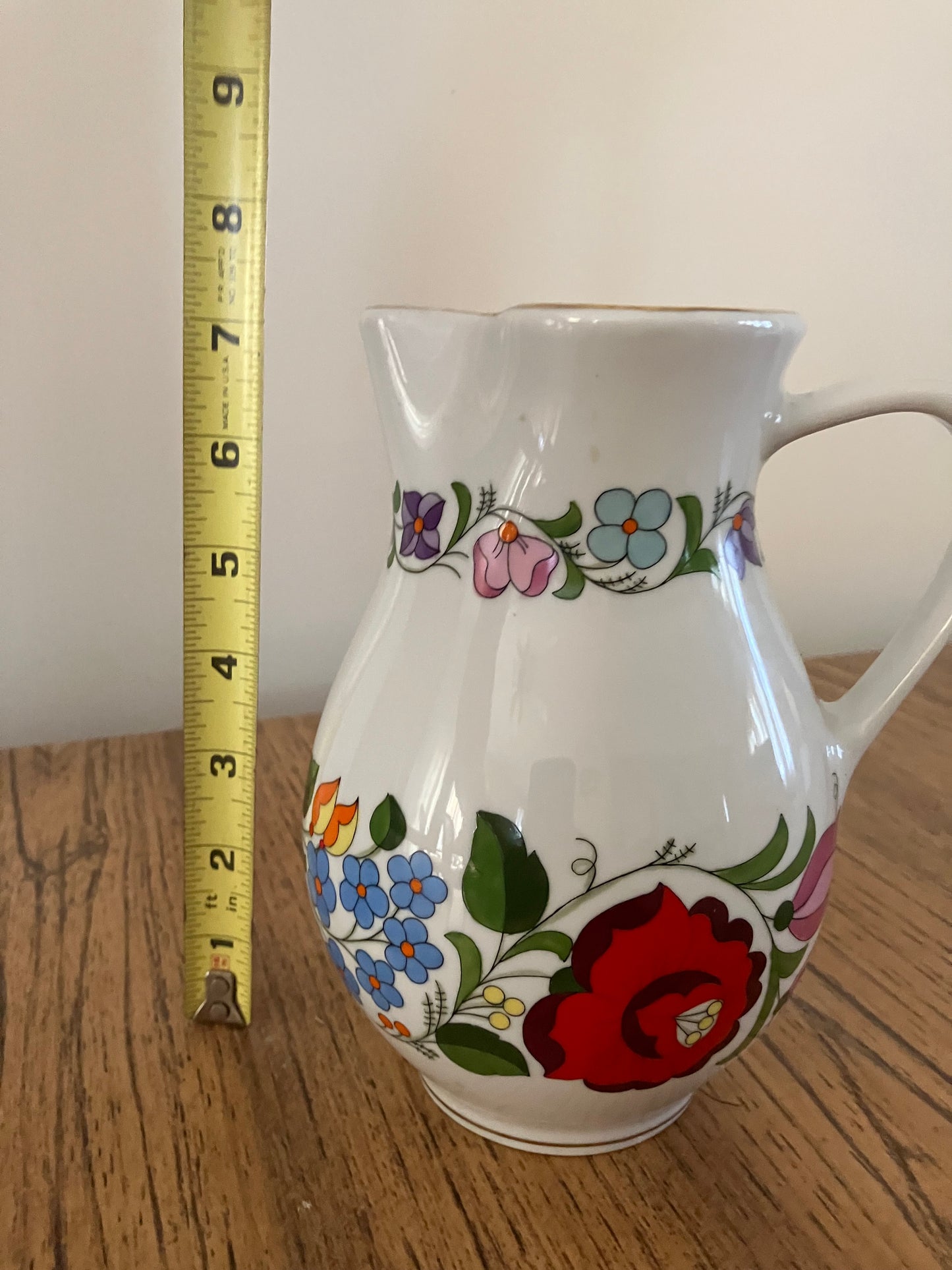 Hungarian Kalocsa Porcelain Water/Wine Pitcher – Hand-Painted Floral Design with 22K Gold Rim, 7" x 5"