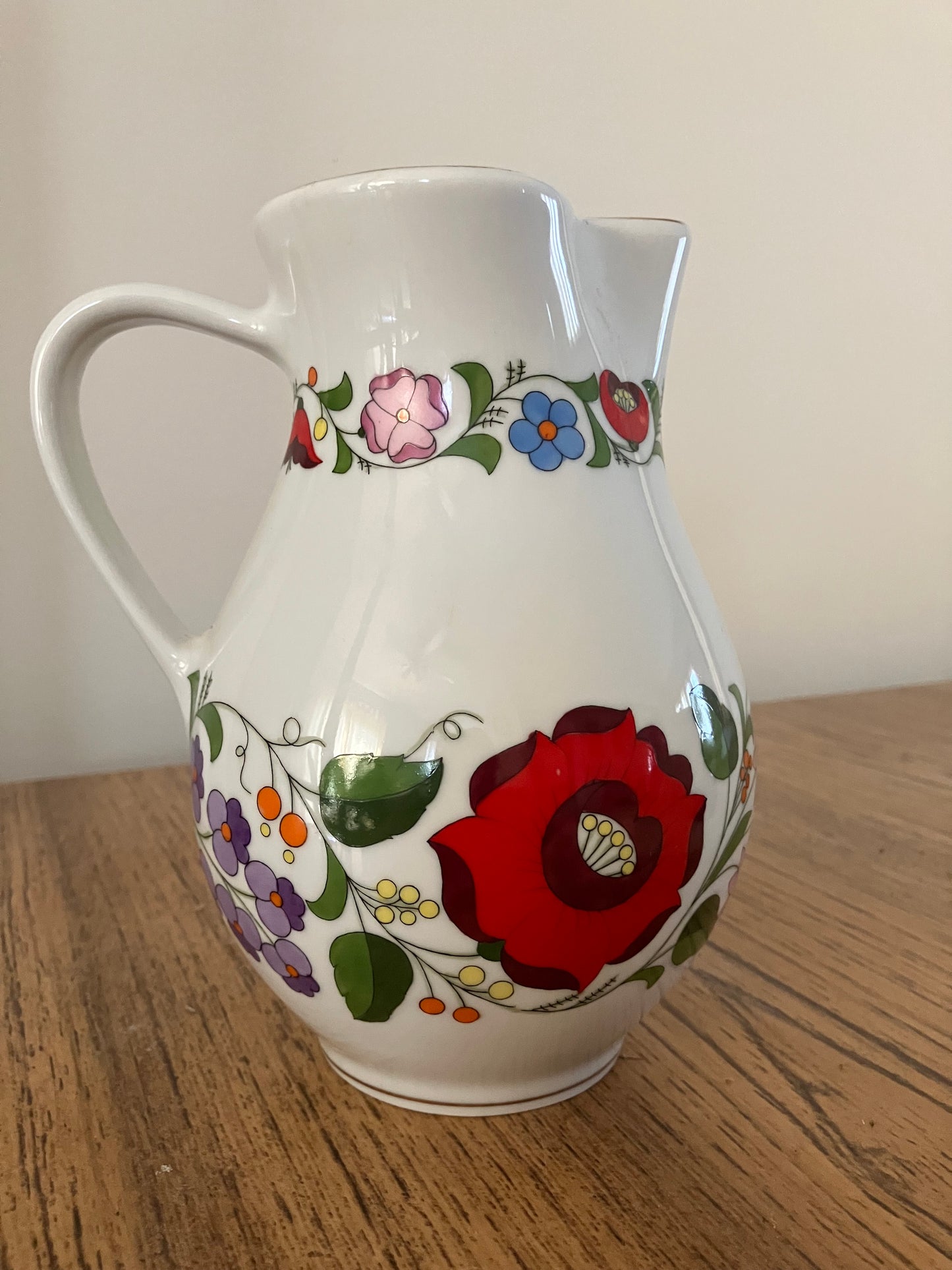 Hungarian Kalocsa Porcelain Water/Wine Pitcher – Hand-Painted Floral Design with 22K Gold Rim, 7" x 5"