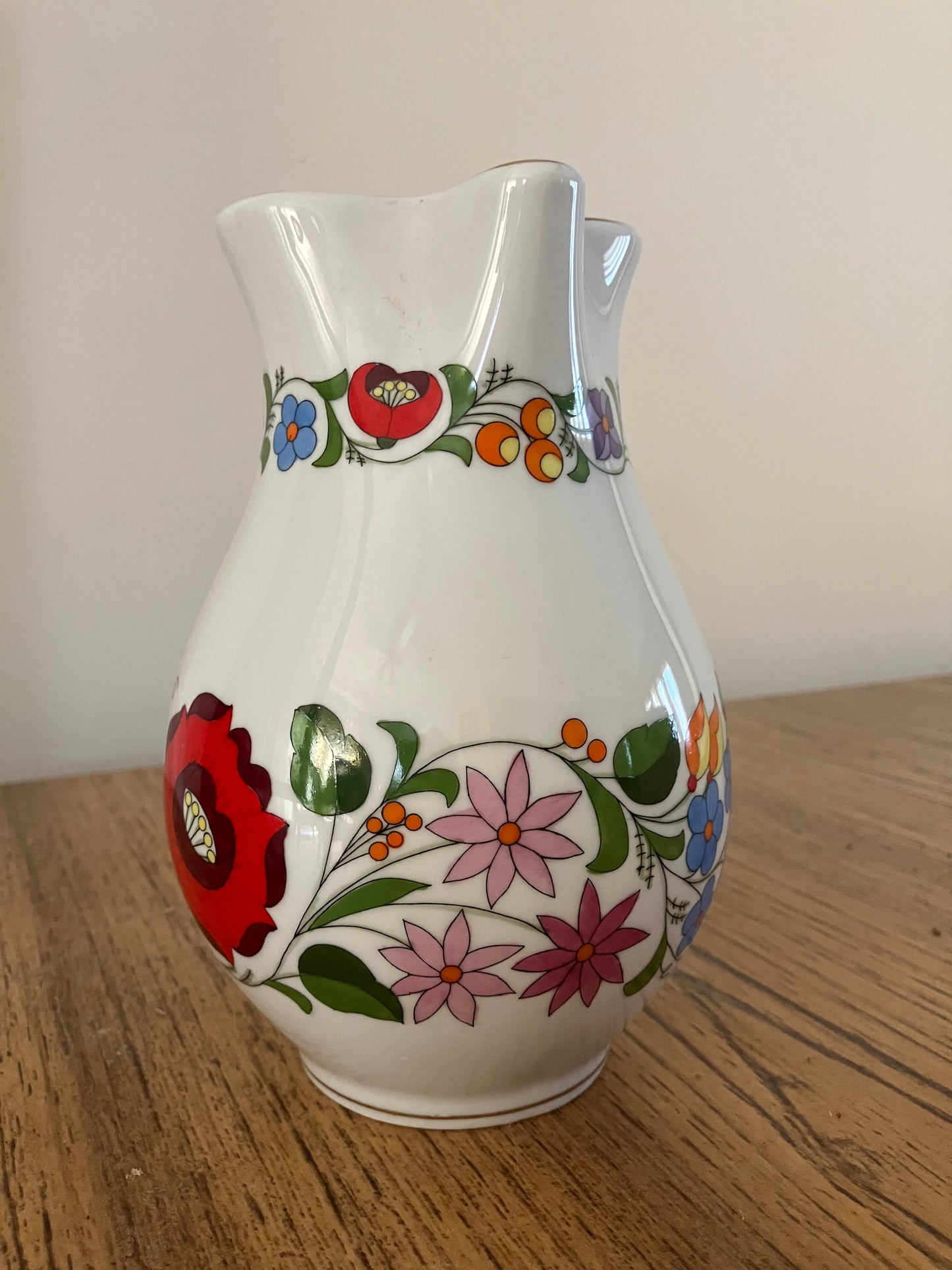 Hungarian Kalocsa Porcelain Water/Wine Pitcher – Hand-Painted Floral Design with 22K Gold Rim, 7" x 5"