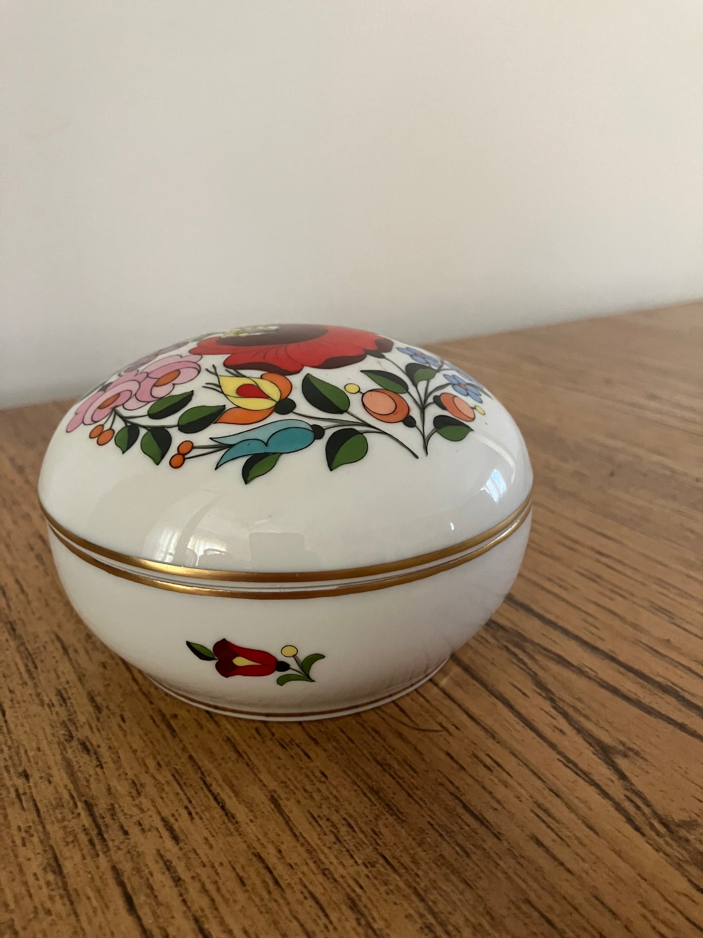 Vintage Kalocsa Hungary Hand Painted Floral Porcelain Jewelry Holder – Lidded Trinket Box