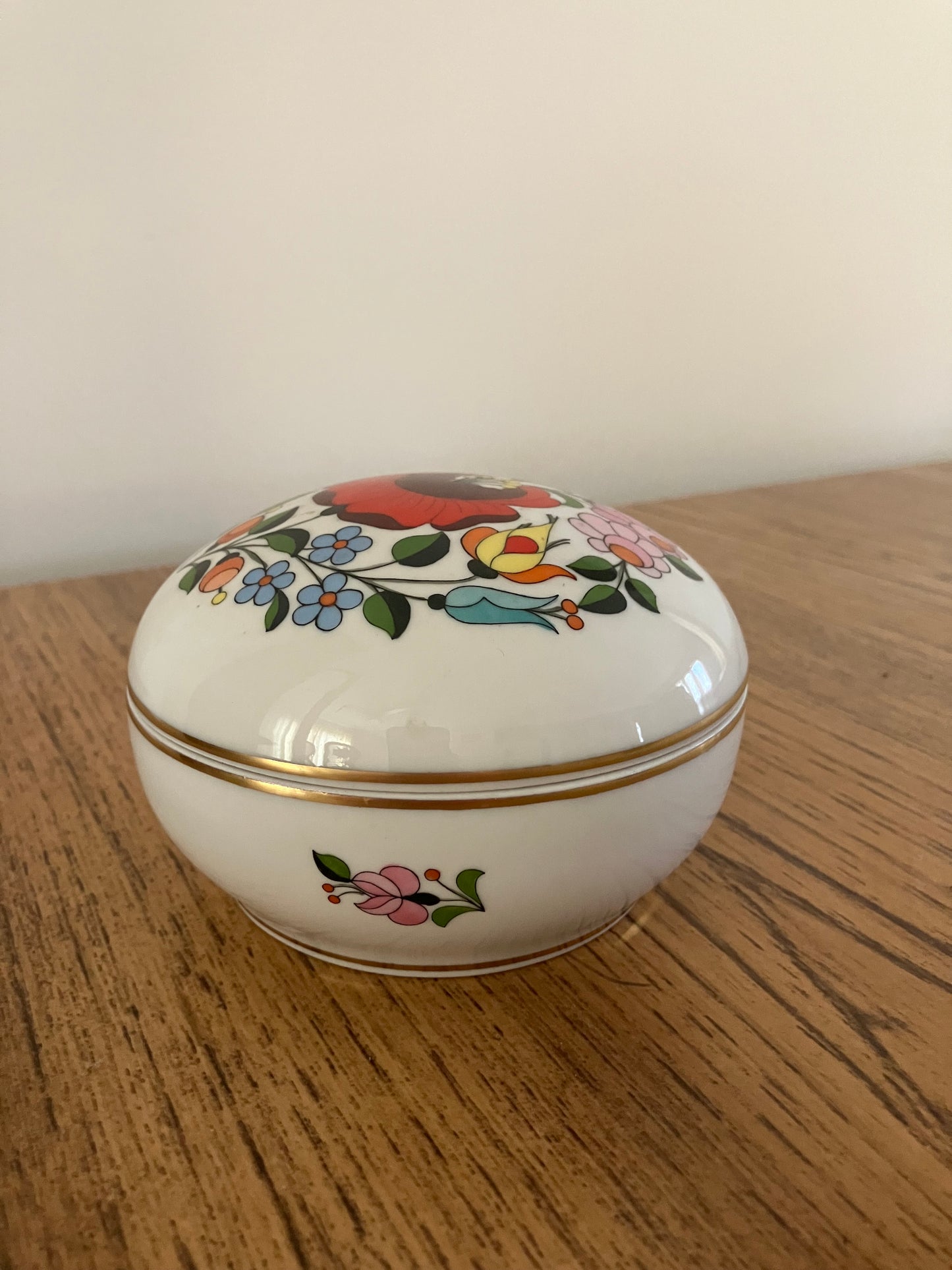 Vintage Kalocsa Hungary Hand Painted Floral Porcelain Jewelry Holder – Lidded Trinket Box