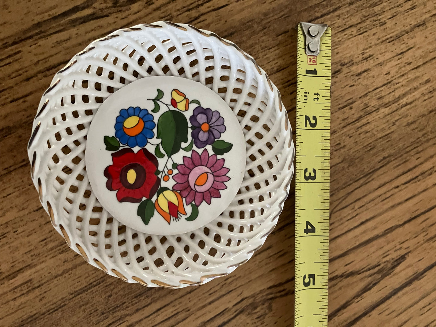 Kalocsa Hungary Hand Painted Porcelain Basket Weave Bowl – Floral Pattern, Gold Accents