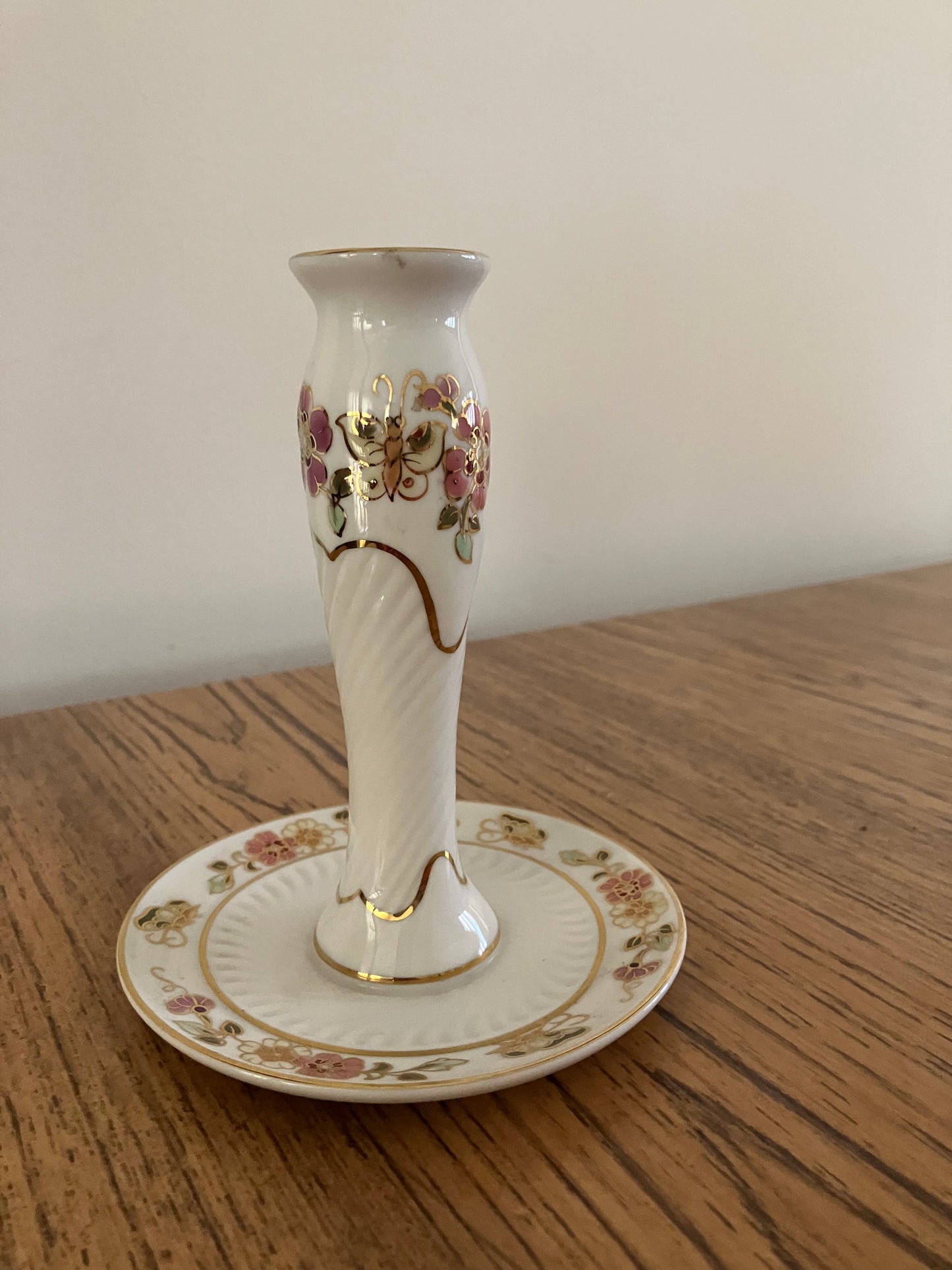 Vintage Zsolnay Floral Porcelain Candle Holder – Hand-Painted, Gold Trim, 1958 Hungary