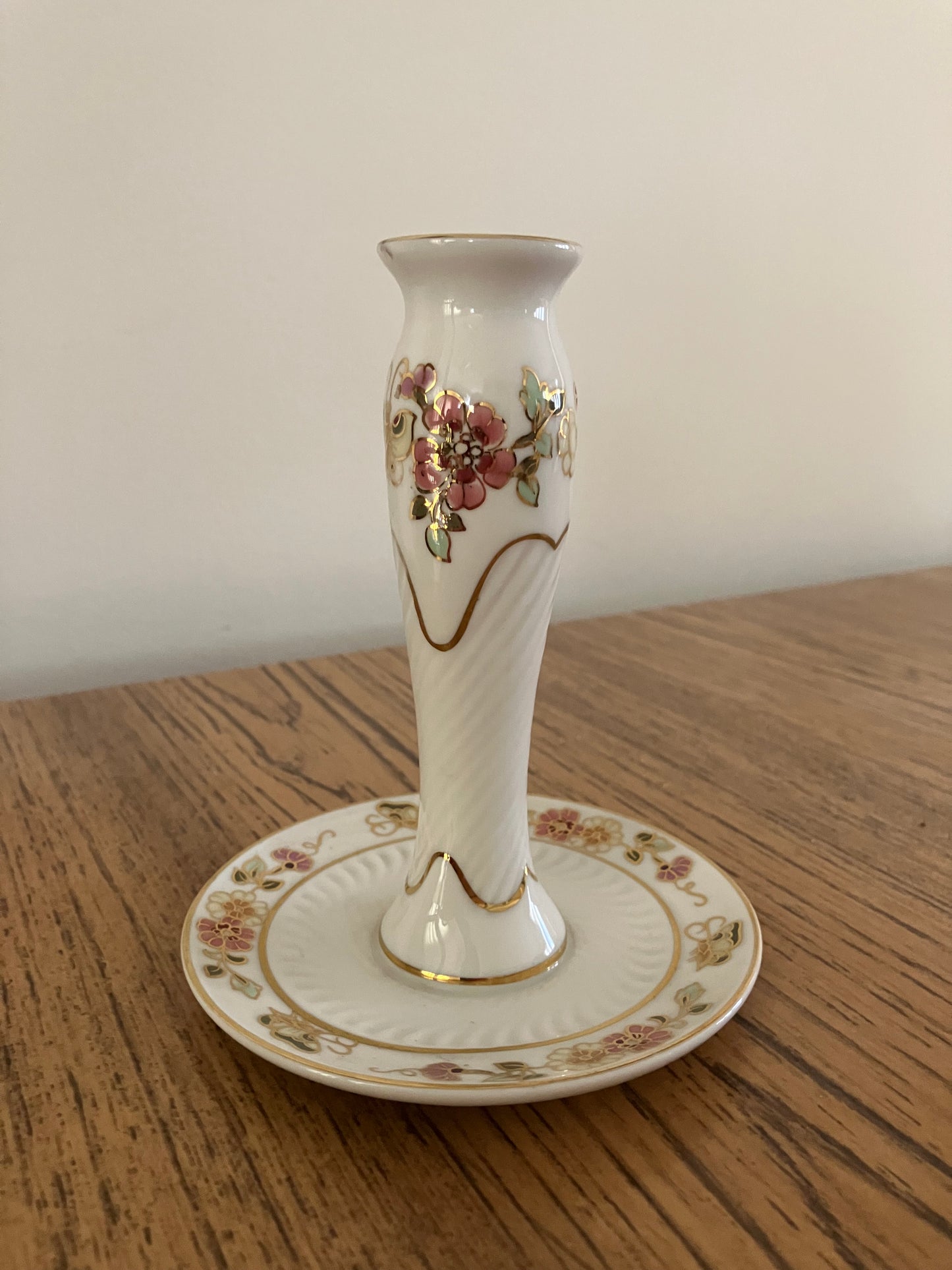 Vintage Zsolnay Floral Porcelain Candle Holder – Hand-Painted, Gold Trim, 1958 Hungary
