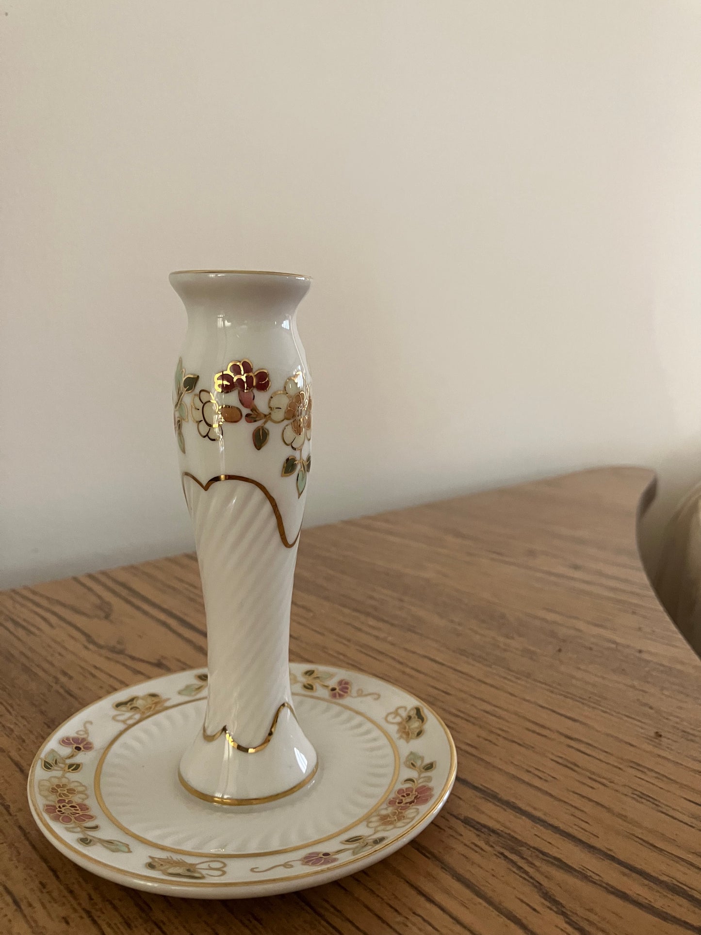 Vintage Zsolnay Floral Porcelain Candle Holder – Hand-Painted, Gold Trim, 1958 Hungary