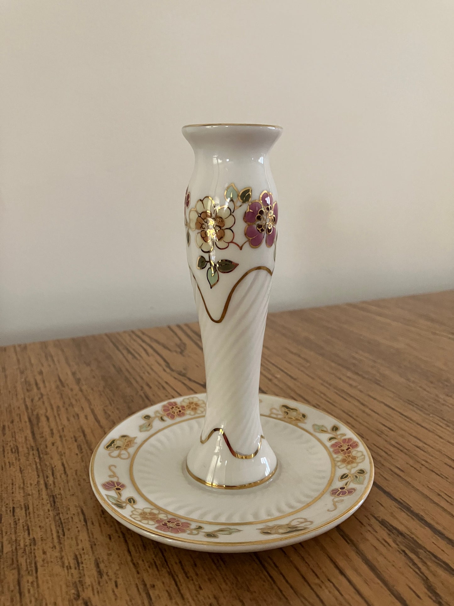 Vintage Zsolnay Floral Porcelain Candle Holder – Hand-Painted, Gold Trim, 1958 Hungary