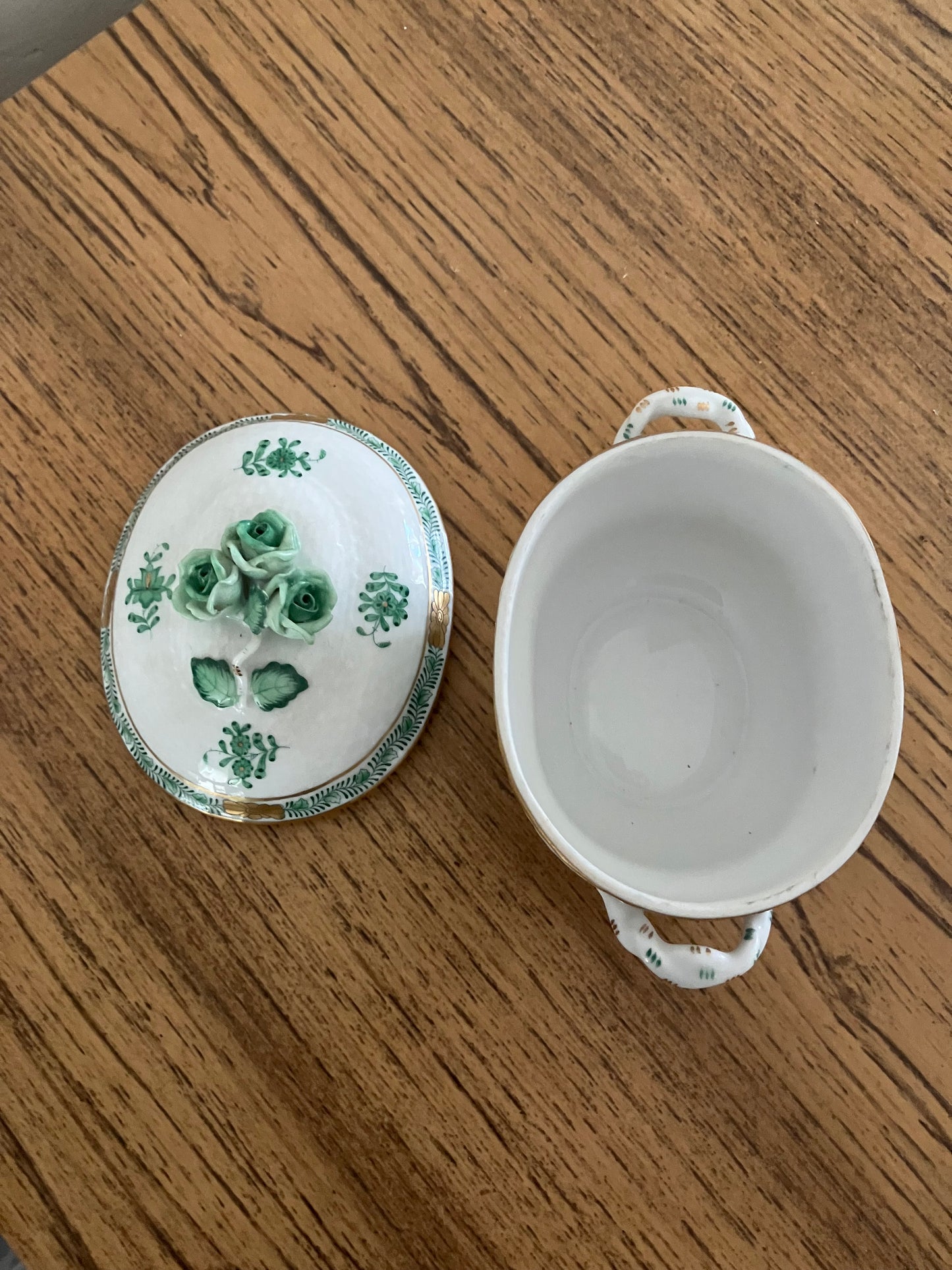 Herend Hungary Porcelain Sugar Basin – Green Apponyi Chinese Bouquet with Triple Rose Knob, 24K Gold Accents – Model 6012/AV