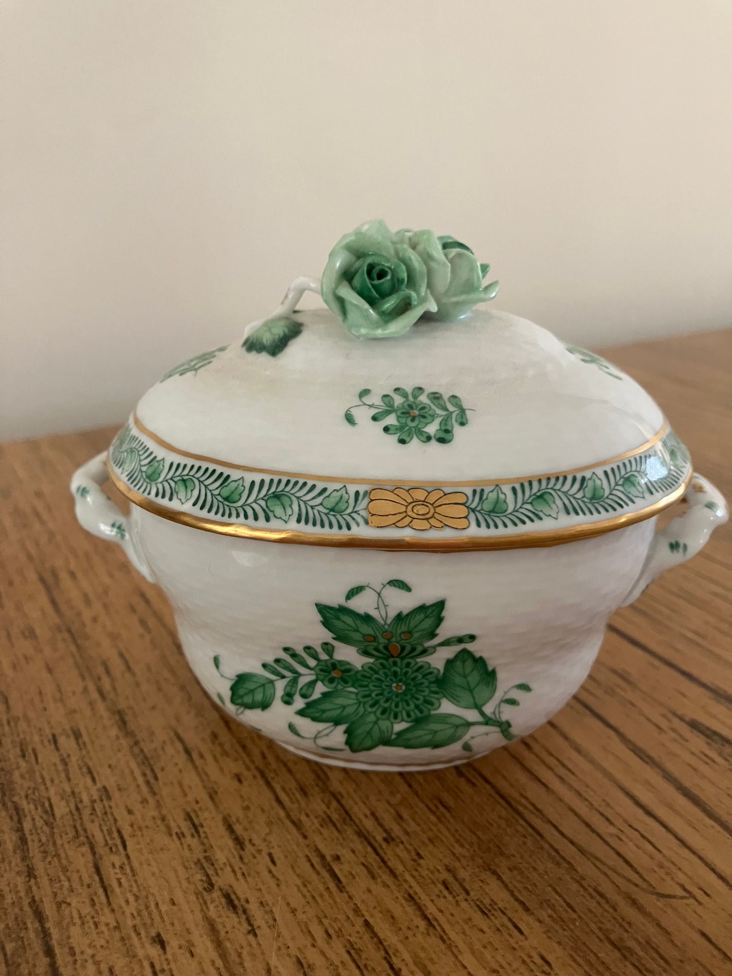 Herend Hungary Porcelain Sugar Basin – Green Apponyi Chinese Bouquet with Triple Rose Knob, 24K Gold Accents – Model 6012/AV