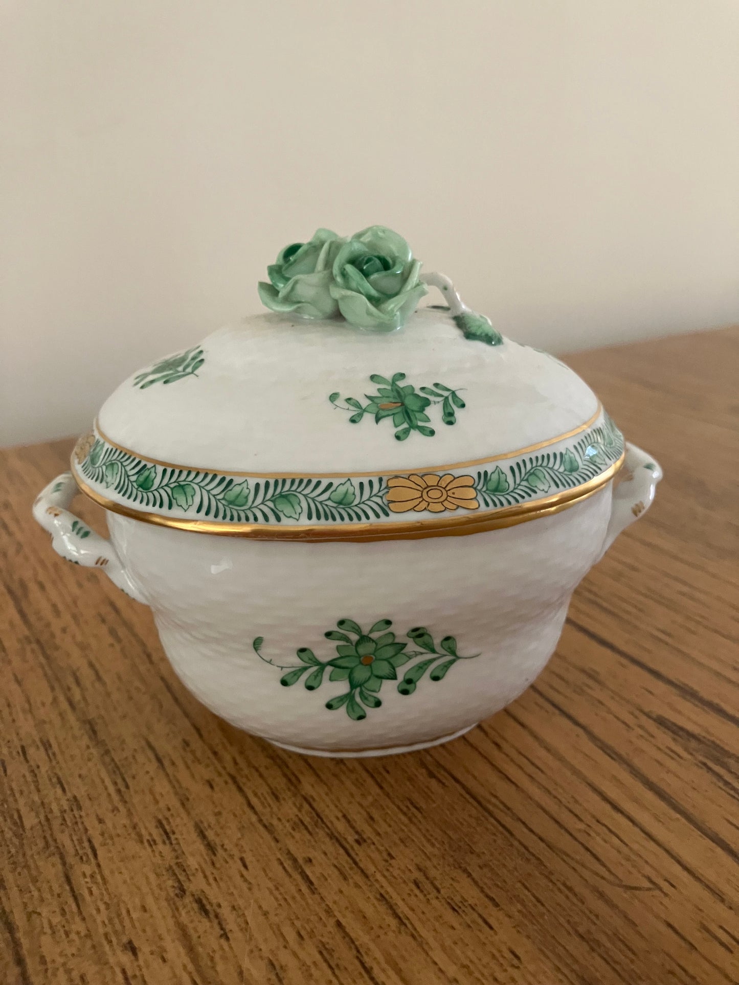 Herend Hungary Porcelain Sugar Basin – Green Apponyi Chinese Bouquet with Triple Rose Knob, 24K Gold Accents – Model 6012/AV