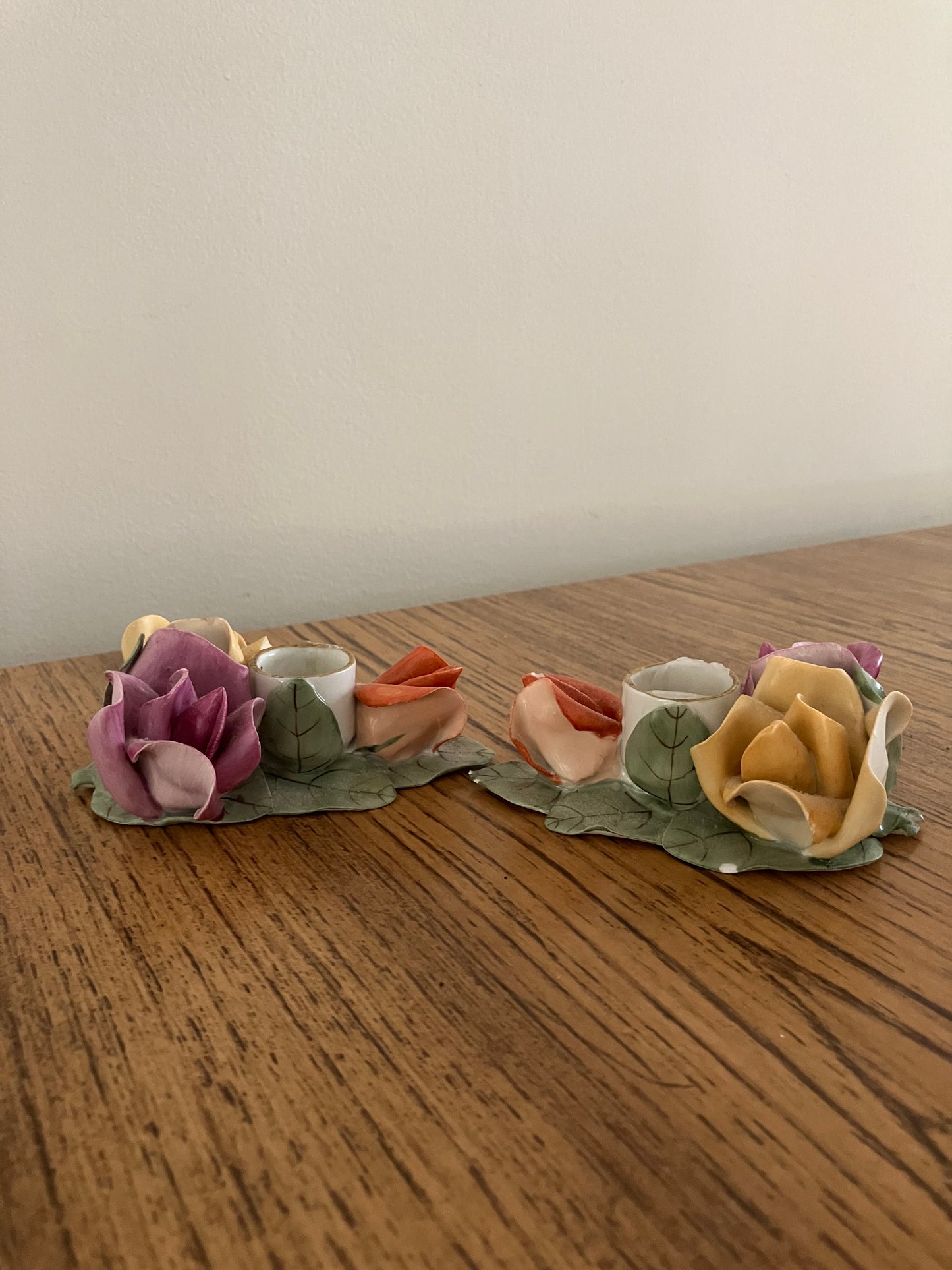 Vintage Aquincum Porcelain Rose Pair of Candlestick Holders – Hand-Painted, 5"