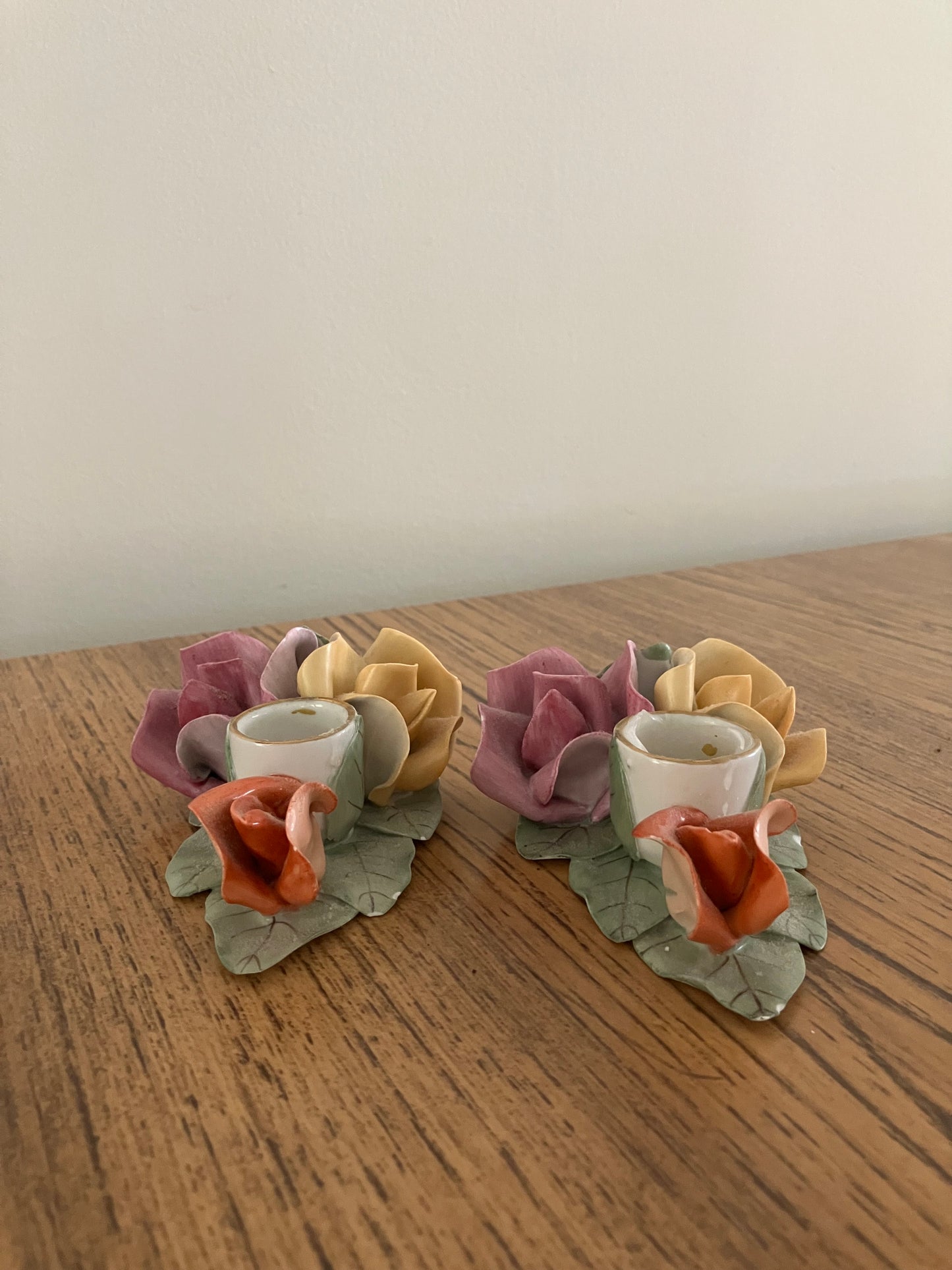 Vintage Aquincum Porcelain Rose Pair of Candlestick Holders – Hand-Painted, 5"