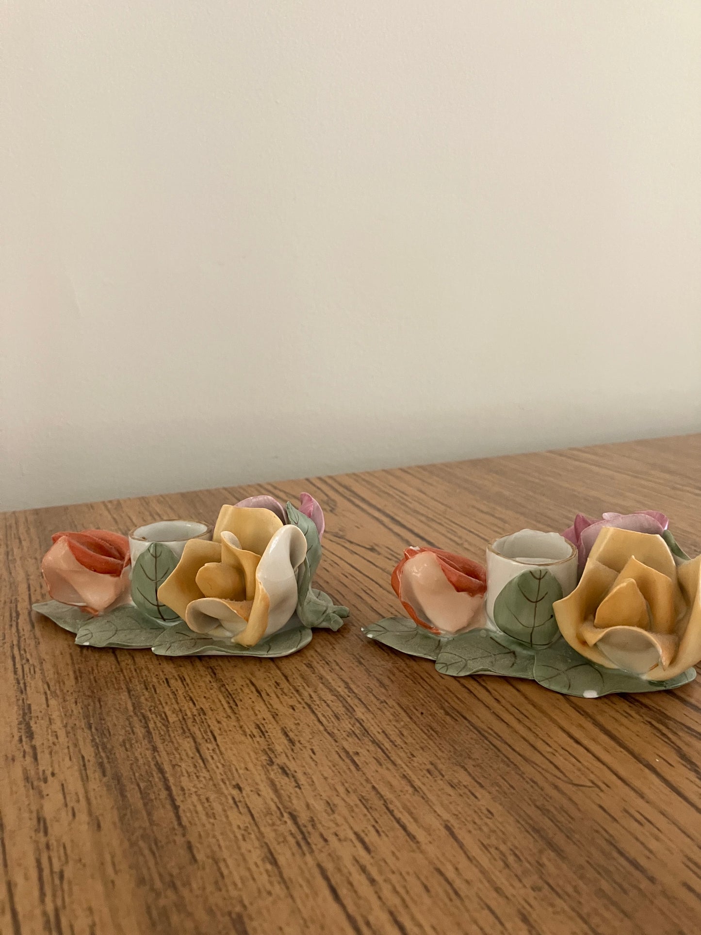 Vintage Aquincum Porcelain Rose Pair of Candlestick Holders – Hand-Painted, 5"