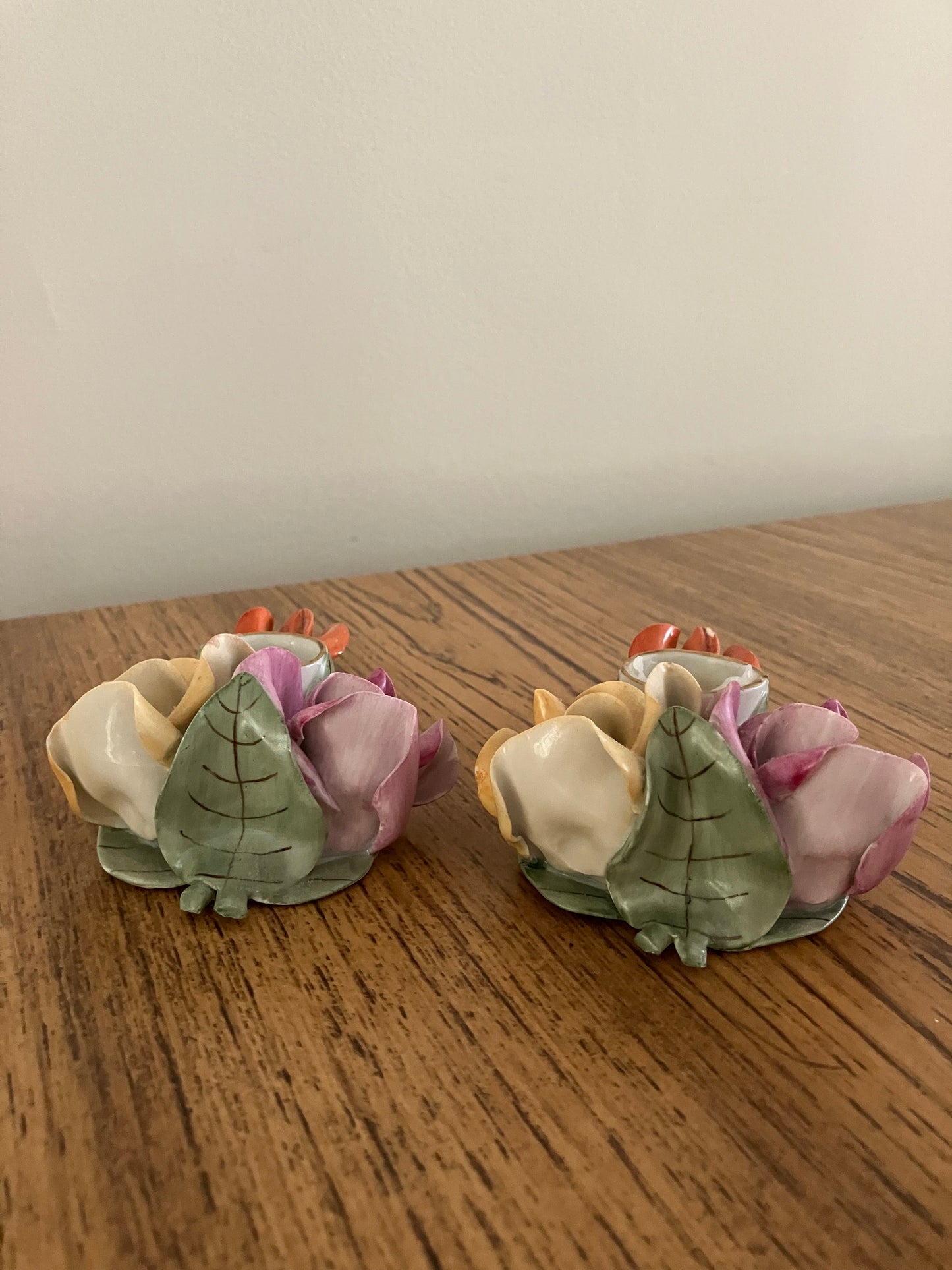 Vintage Aquincum Porcelain Rose Pair of Candlestick Holders – Hand-Painted, 5"