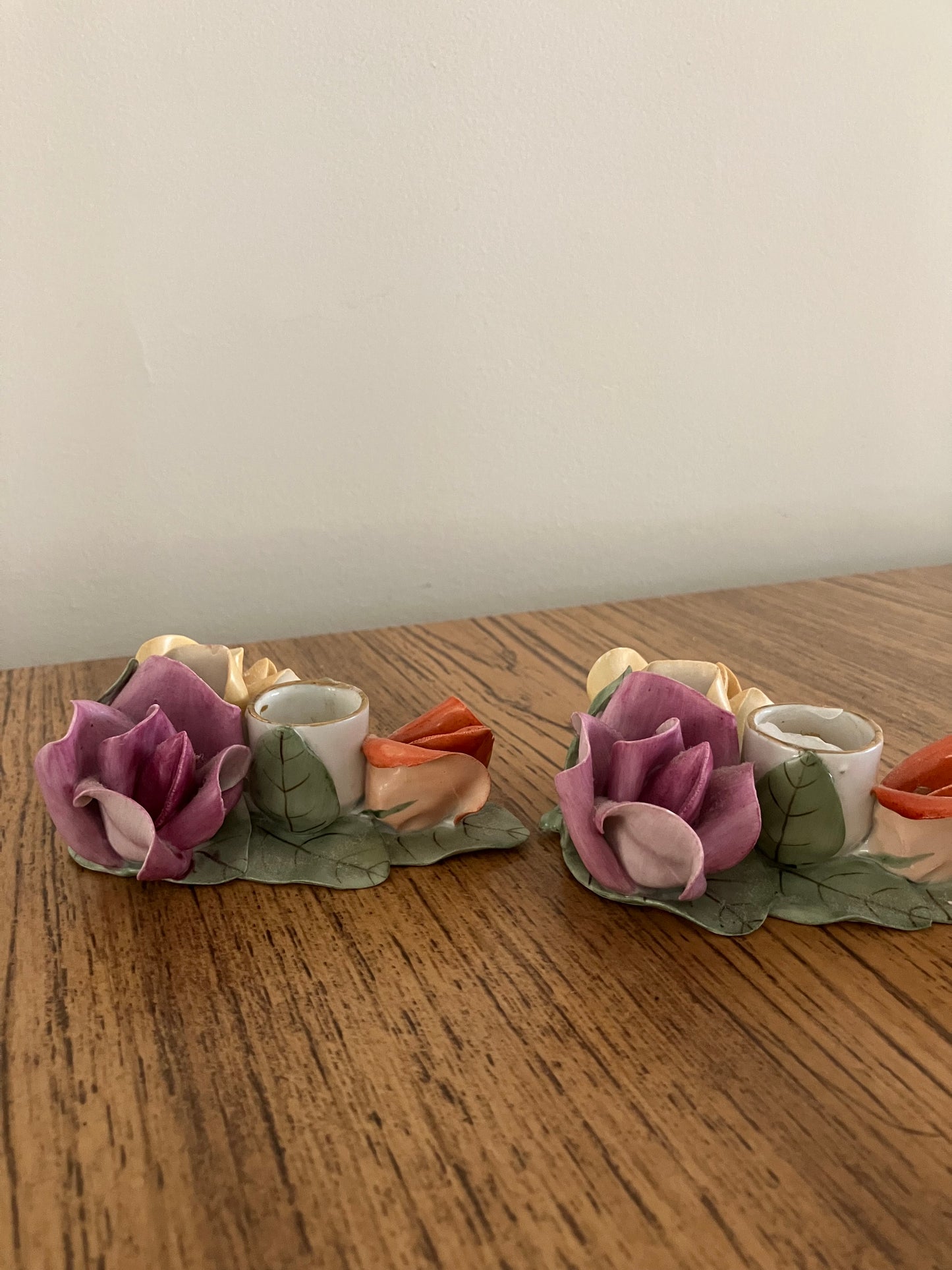 Vintage Aquincum Porcelain Rose Pair of Candlestick Holders – Hand-Painted, 5"