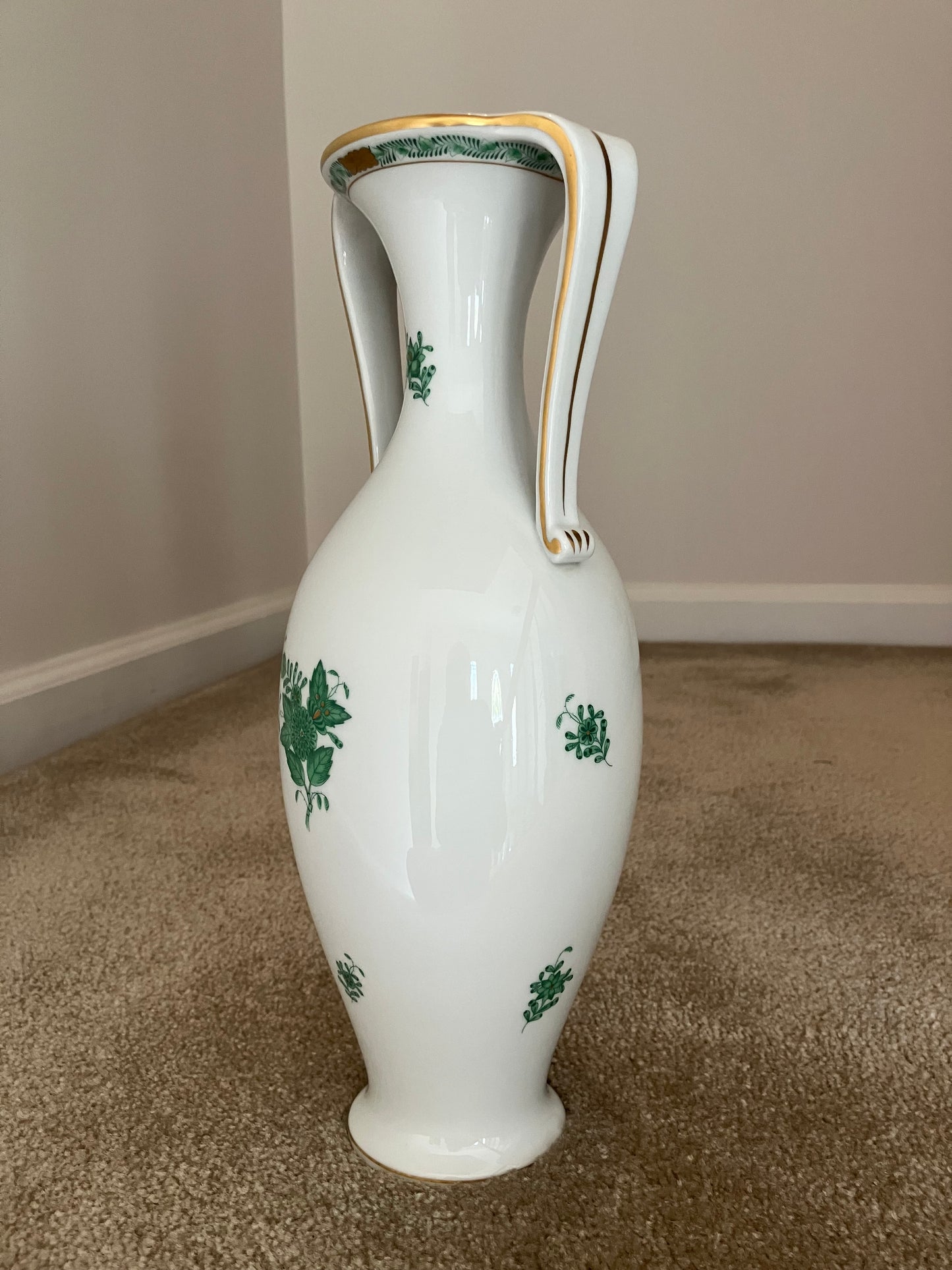Herend Apponyi Green Vase – Chinese Bouquet Large Hand Painted Porcelain with 24K Gold, Hungary