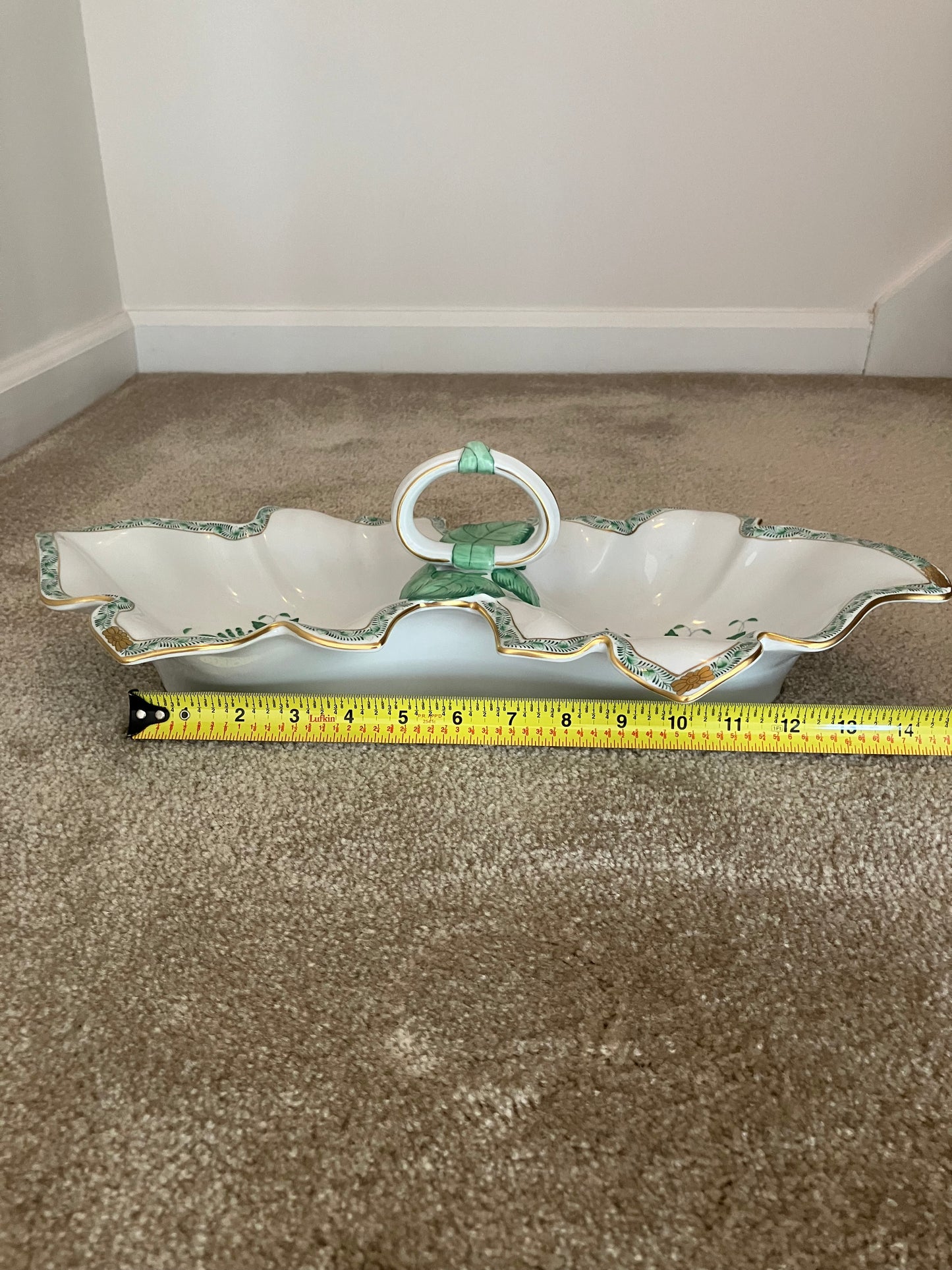Herend Hungary Apponyi Green Leaf Serving Dish – Dual Compartment Porcelain with 24K Gold