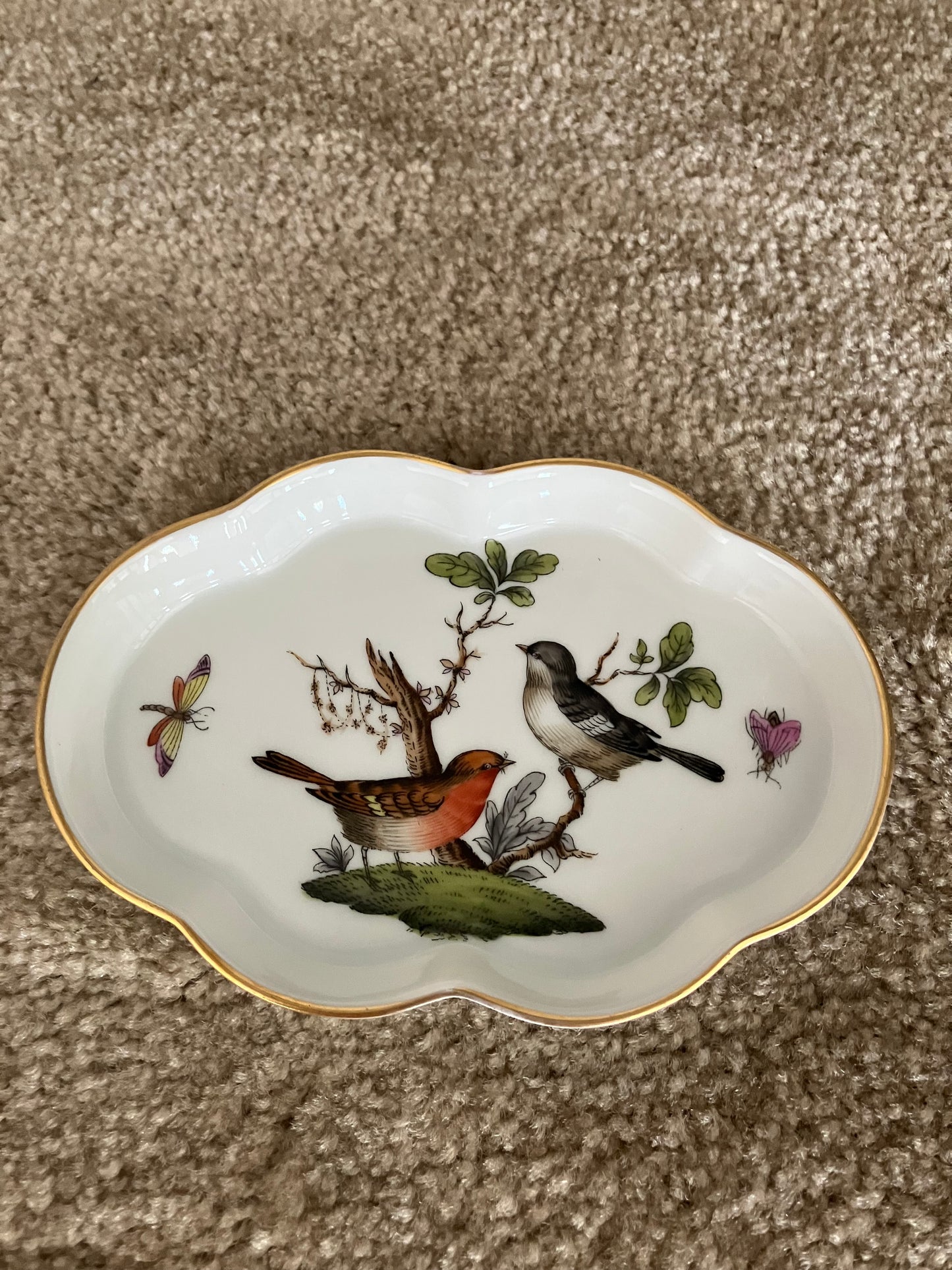 Herend Hungary Rothschild Bird Trinket Dish – Scalloped Hand Painted Porcelain Vintage