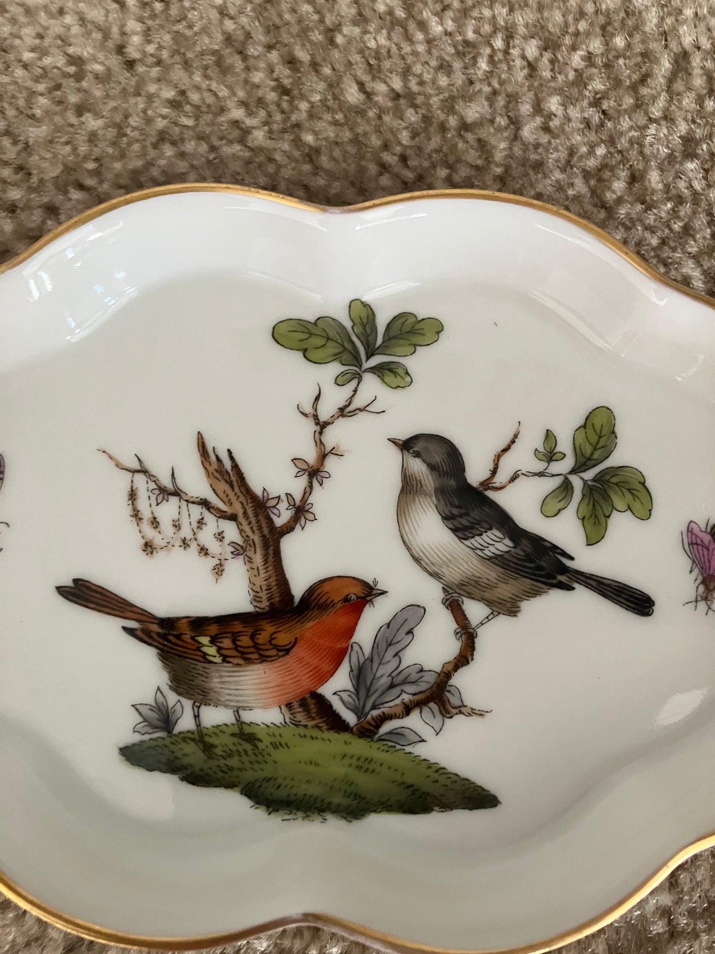 Herend Hungary Rothschild Bird Trinket Dish – Scalloped Hand Painted Porcelain Vintage