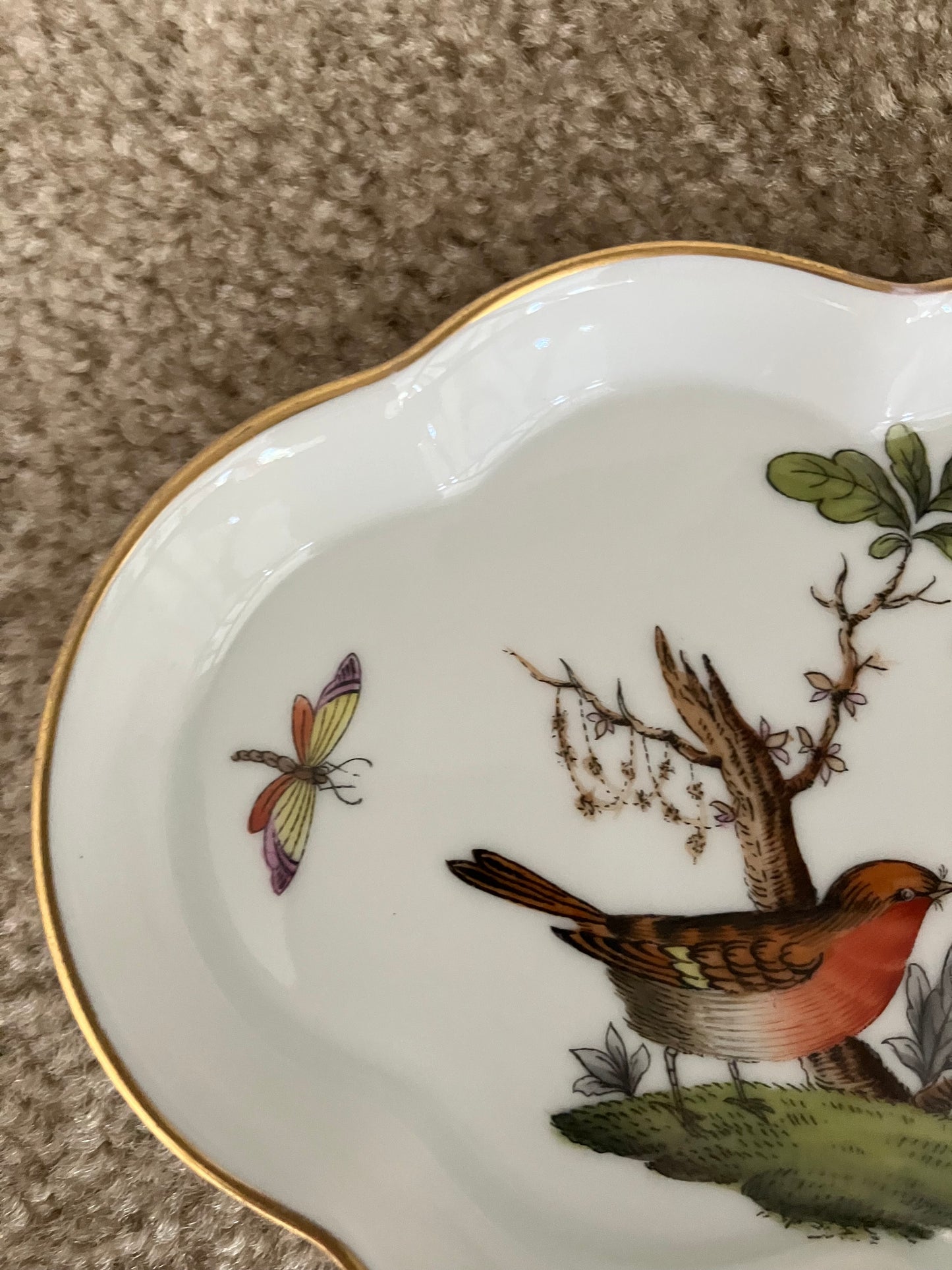 Herend Hungary Rothschild Bird Trinket Dish – Scalloped Hand Painted Porcelain Vintage