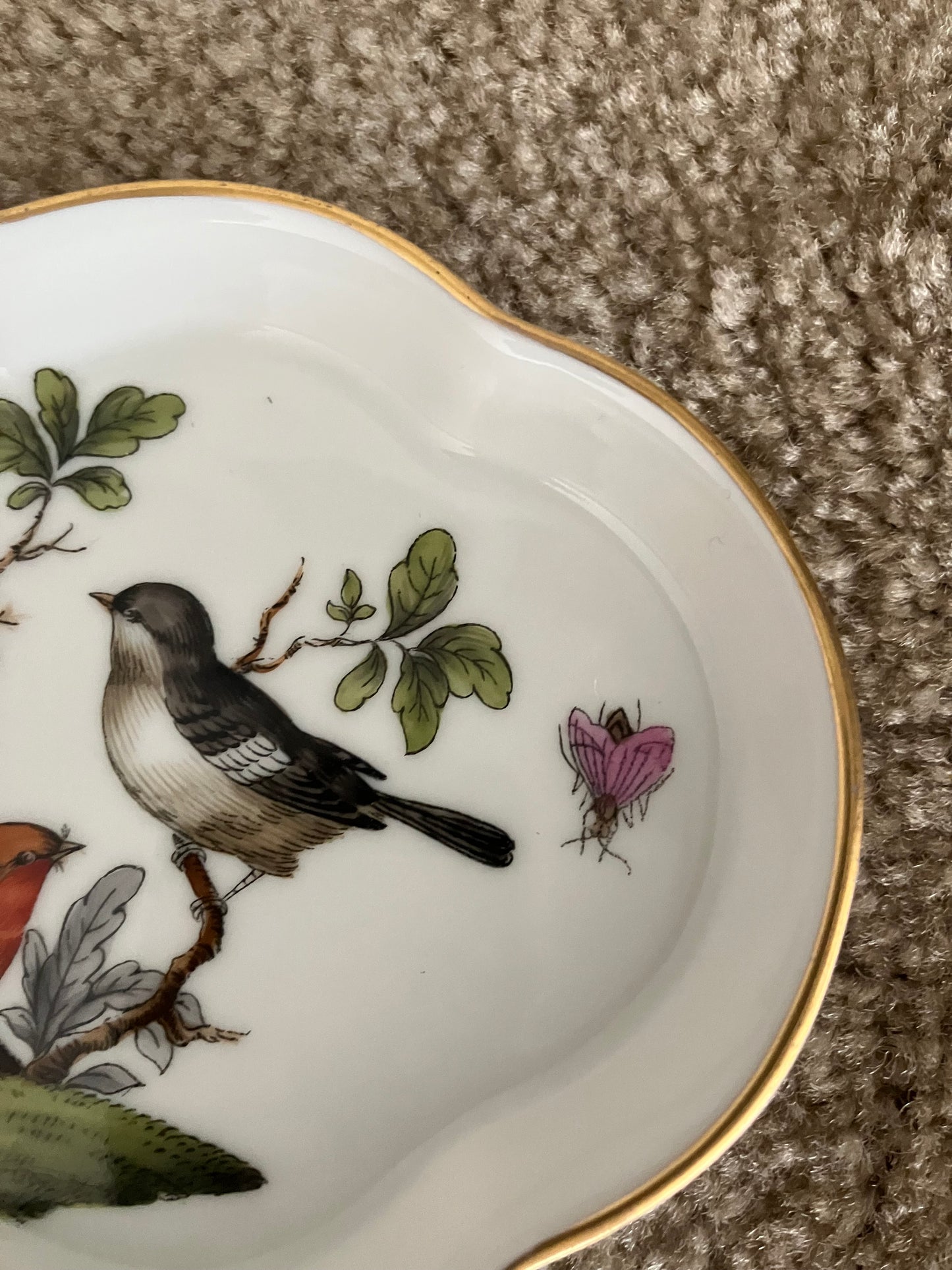 Herend Hungary Rothschild Bird Trinket Dish – Scalloped Hand Painted Porcelain Vintage