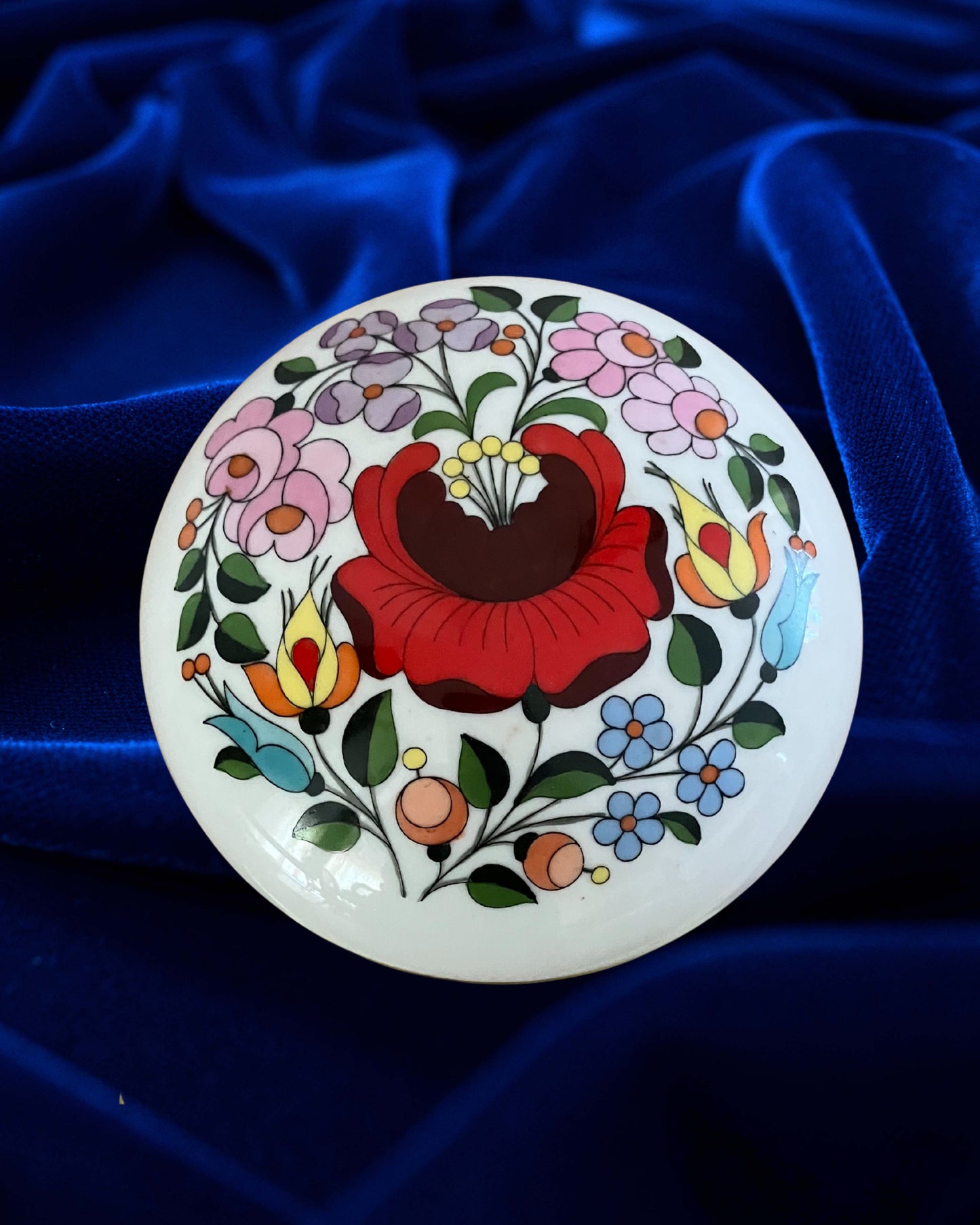 Vintage Kalocsa Hungary Hand Painted Floral Porcelain Jewelry Holder – Lidded Trinket Box