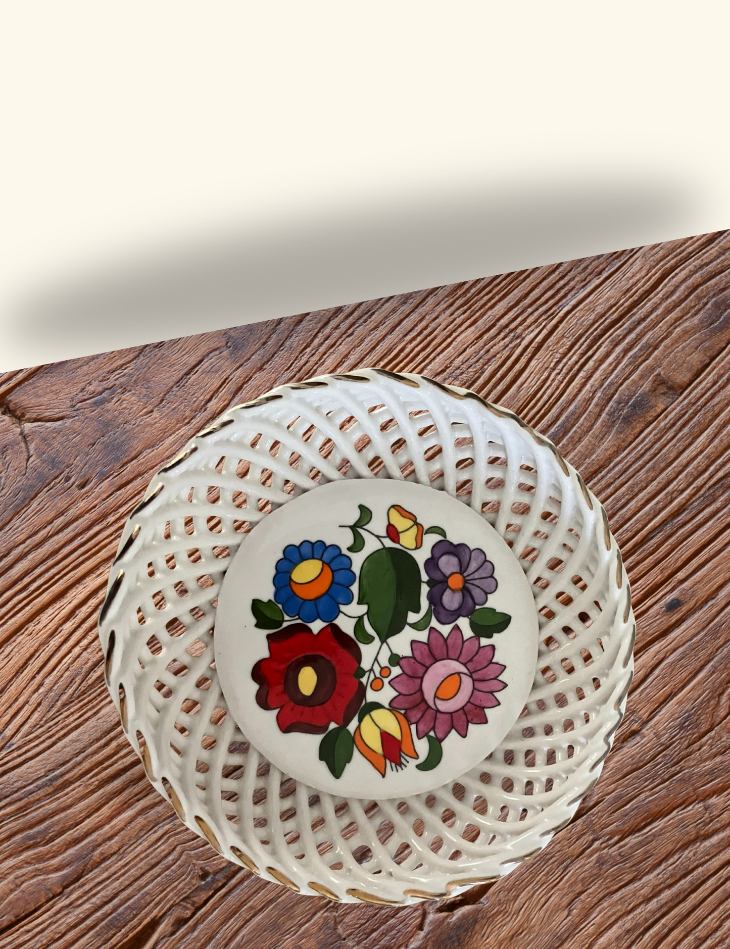 Kalocsa Hungary Hand Painted Porcelain Basket Weave Bowl – Floral Pattern, Gold Accents