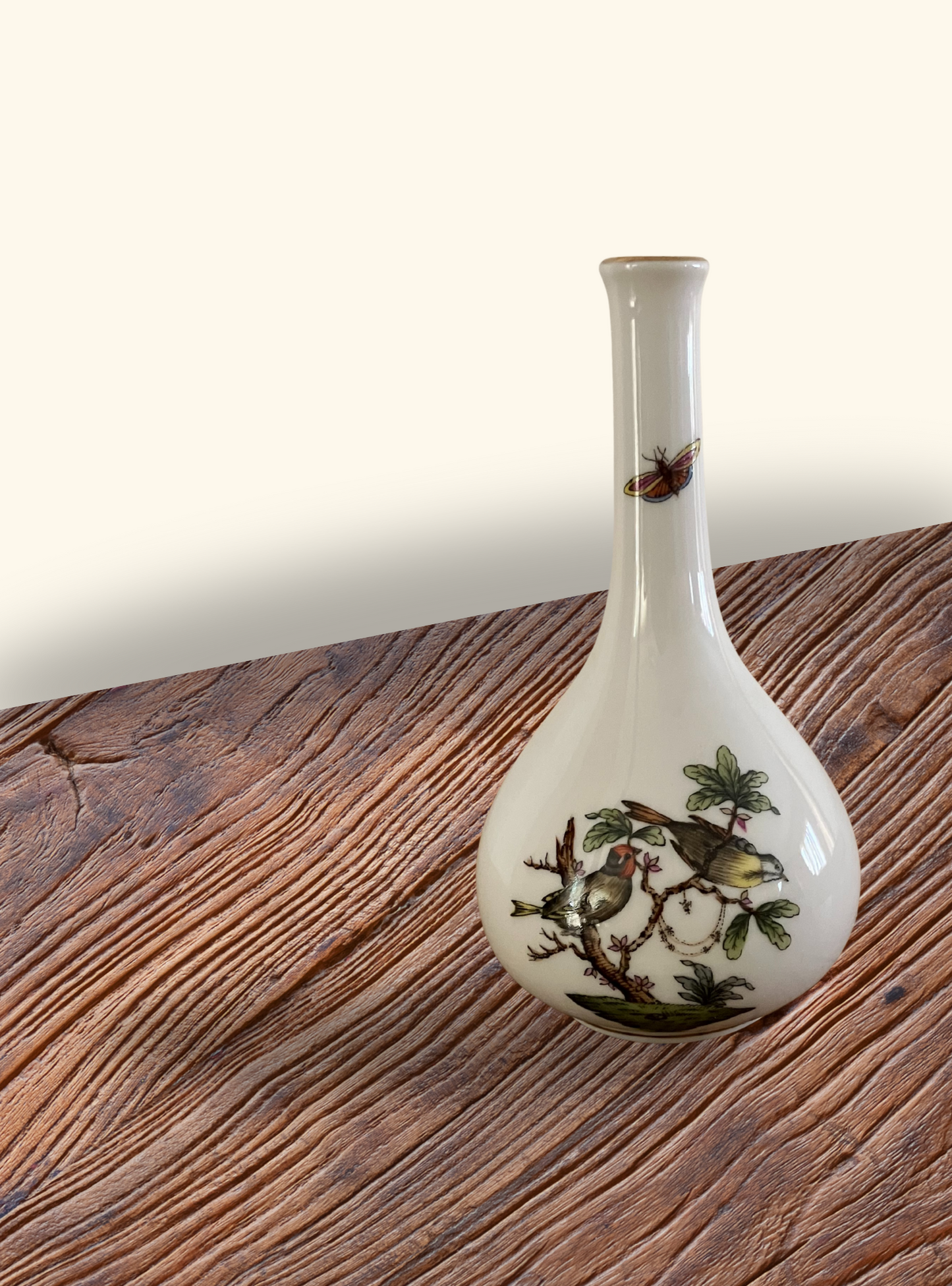Herend Porcelain Bud Vase – Hand-Painted Butterfly & Bird, 24K Gold Accents, 5.25"