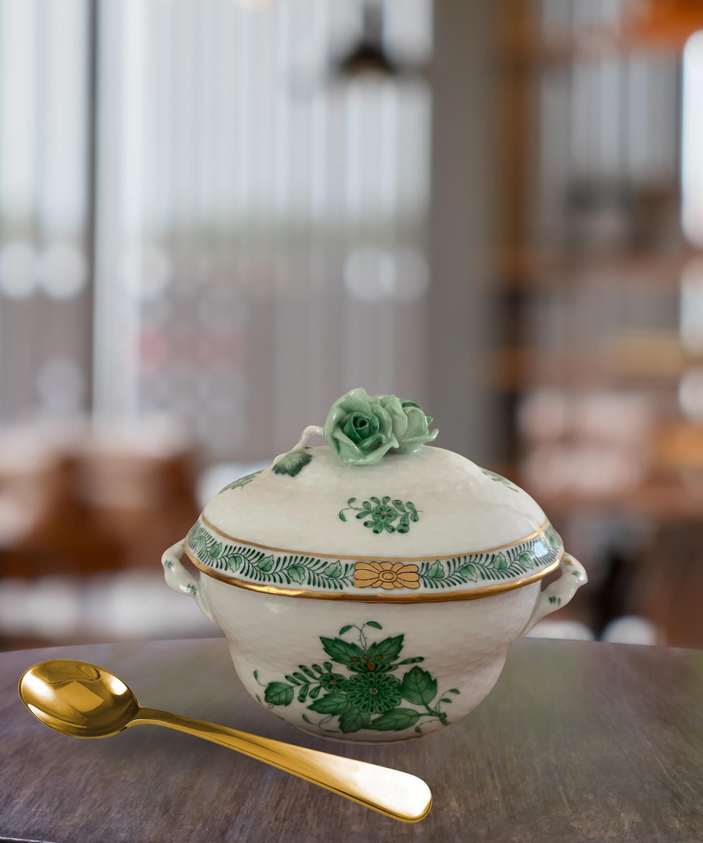 Herend Hungary Porcelain Sugar Basin – Green Apponyi Chinese Bouquet with Triple Rose Knob, 24K Gold Accents – Model 6012/AV