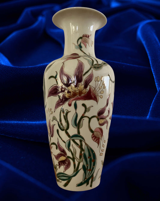 Zsolnay Hungary Large Hand-Painted Porcelain Floral Vase with 24K Gold Trim – 10.75" Vintage Collectible