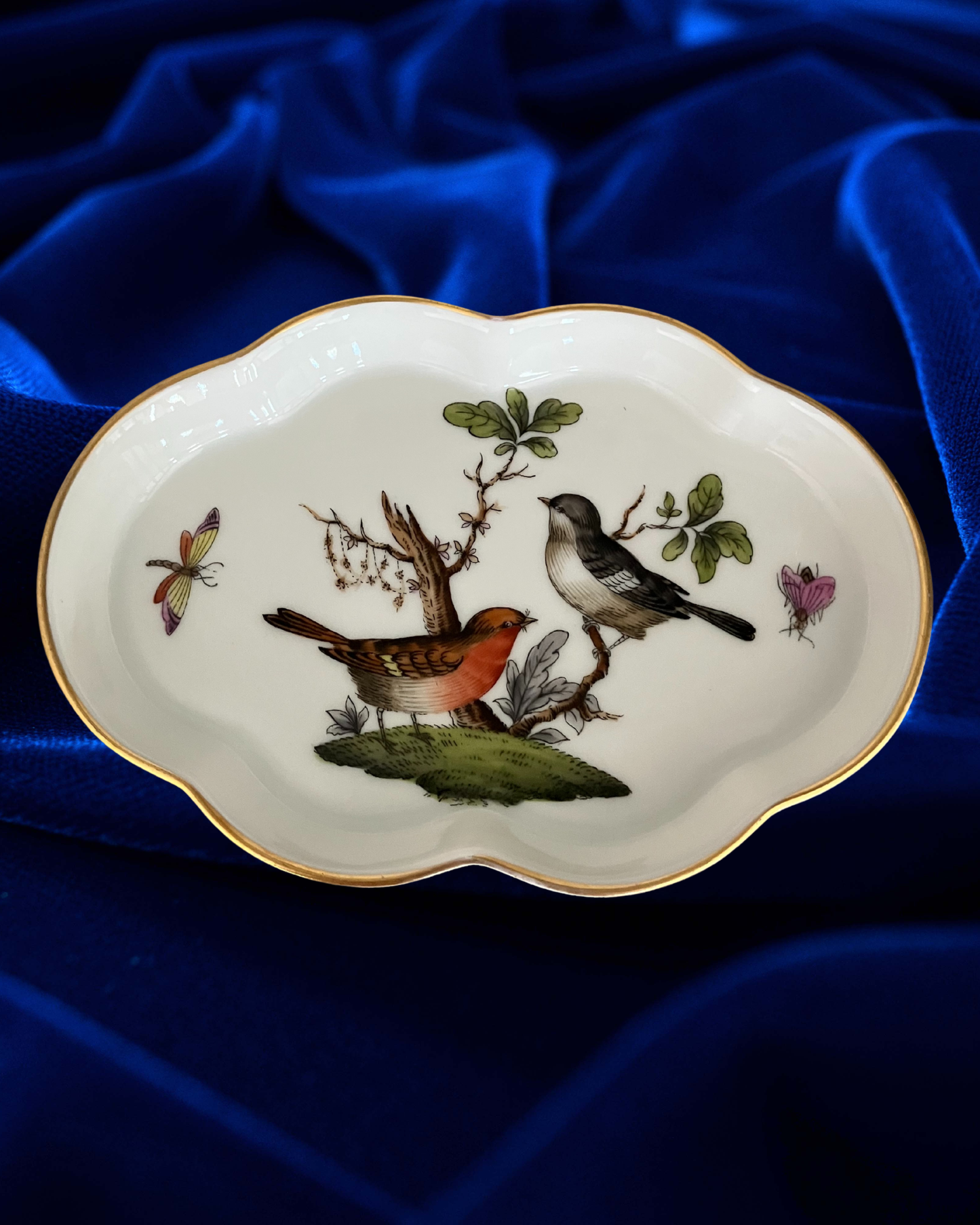 Herend Hungary Rothschild Bird Trinket Dish – Scalloped Hand Painted Porcelain Vintage
