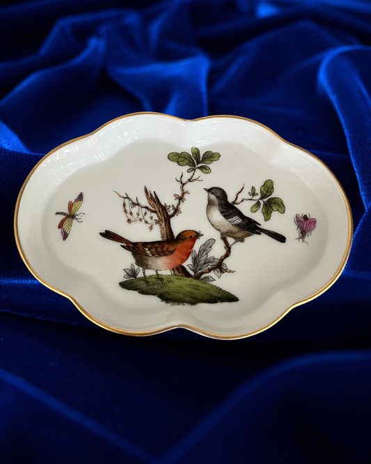 Herend Hungary Rothschild Bird Trinket Dish – Scalloped Hand Painted Porcelain Vintage